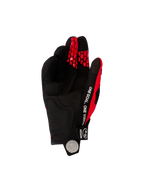 Alpinestars 2026 Pro-Dura Gloves, Motocross and Enduro Gloves, Bright Red and Black, palm side view featuring black synthetic suede, white 'ONE GOAL. ONE VISION' text on the side, and red honeycomb patterns on the fingertips.
