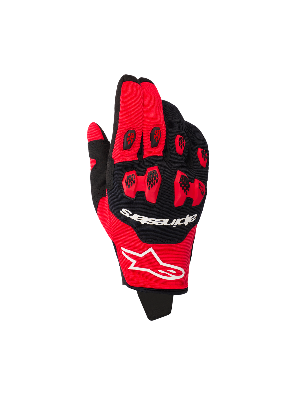 Alpinestars 2026 Pro-Dura Gloves, Motocross Gloves, Bright Red and Black, featuring red TPR knuckle protection with black honeycomb inserts, white brand logos, multi-panel stretch construction for off-road racing