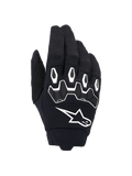 Alpinestars Full Bore V2 Handschuhe, Motocross-Handschuhe, Schwarz und Weiß, Handrückenansicht mit ergonomischem TPR-Knöchelschutz mit hexagonalen Formen, weißes Alpinestars-Logo, atmungsaktive Stretch-Textil-Konstruktion, strapazierfähige Offroad-Rennausrüstung