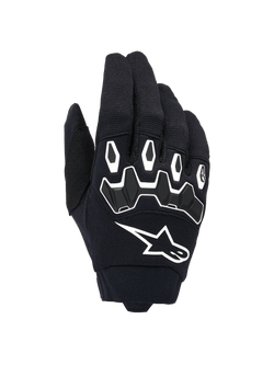 Alpinestars Full Bore V2 Gloves, Motocross Gloves, Black and White, backhand view showing ergonomic TPR knuckle protection with hexagonal shapes, white Alpinestars logo, breathable stretch textile construction, durable off-road racing gear