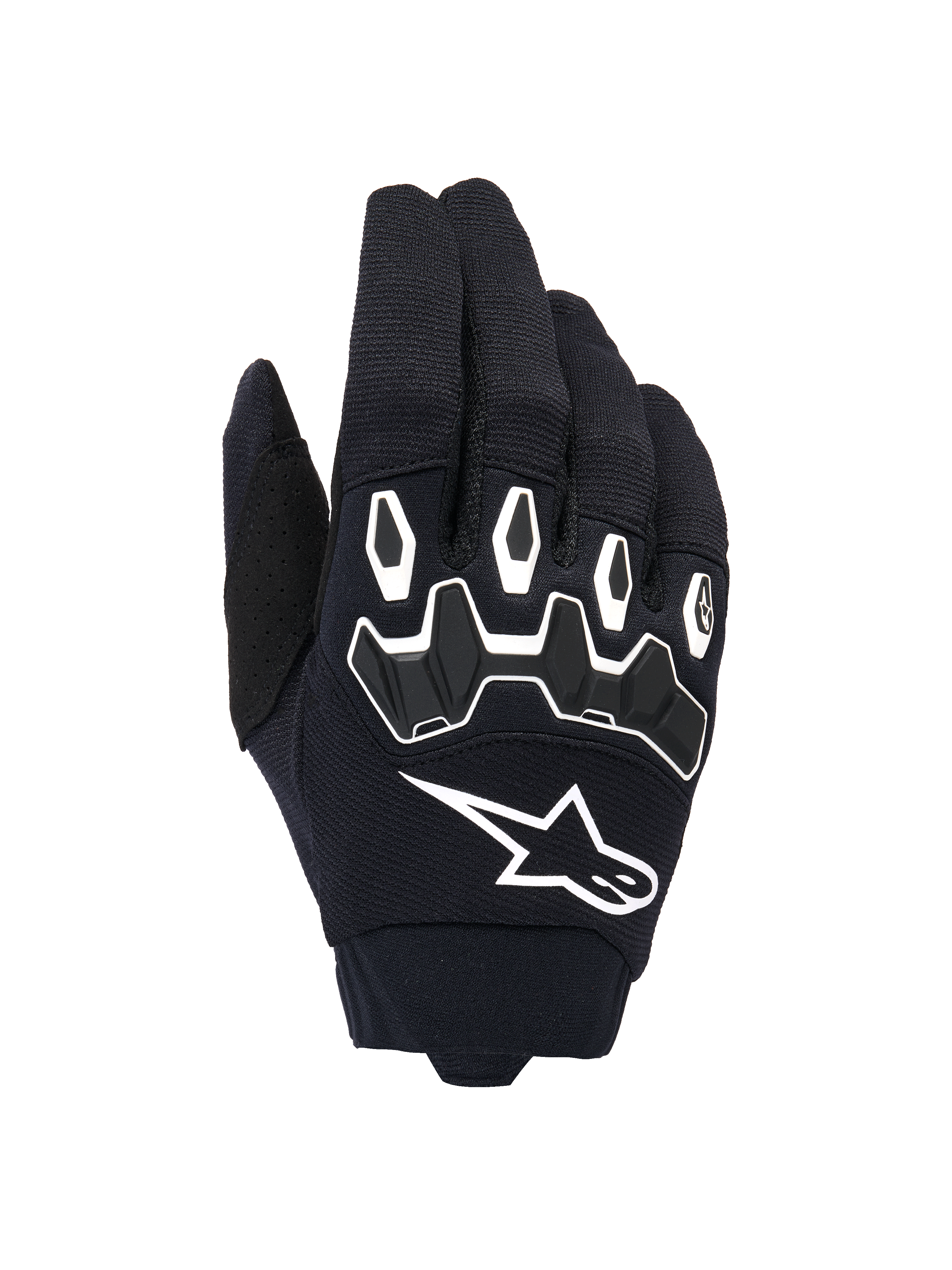 Alpinestars Full Bore V2 Handschuhe, Motocross-Handschuhe, Schwarz und Weiß, Handrückenansicht mit ergonomischem TPR-Knöchelschutz mit hexagonalen Formen, weißes Alpinestars-Logo, atmungsaktive Stretch-Textil-Konstruktion, strapazierfähige Offroad-Rennausrüstung
