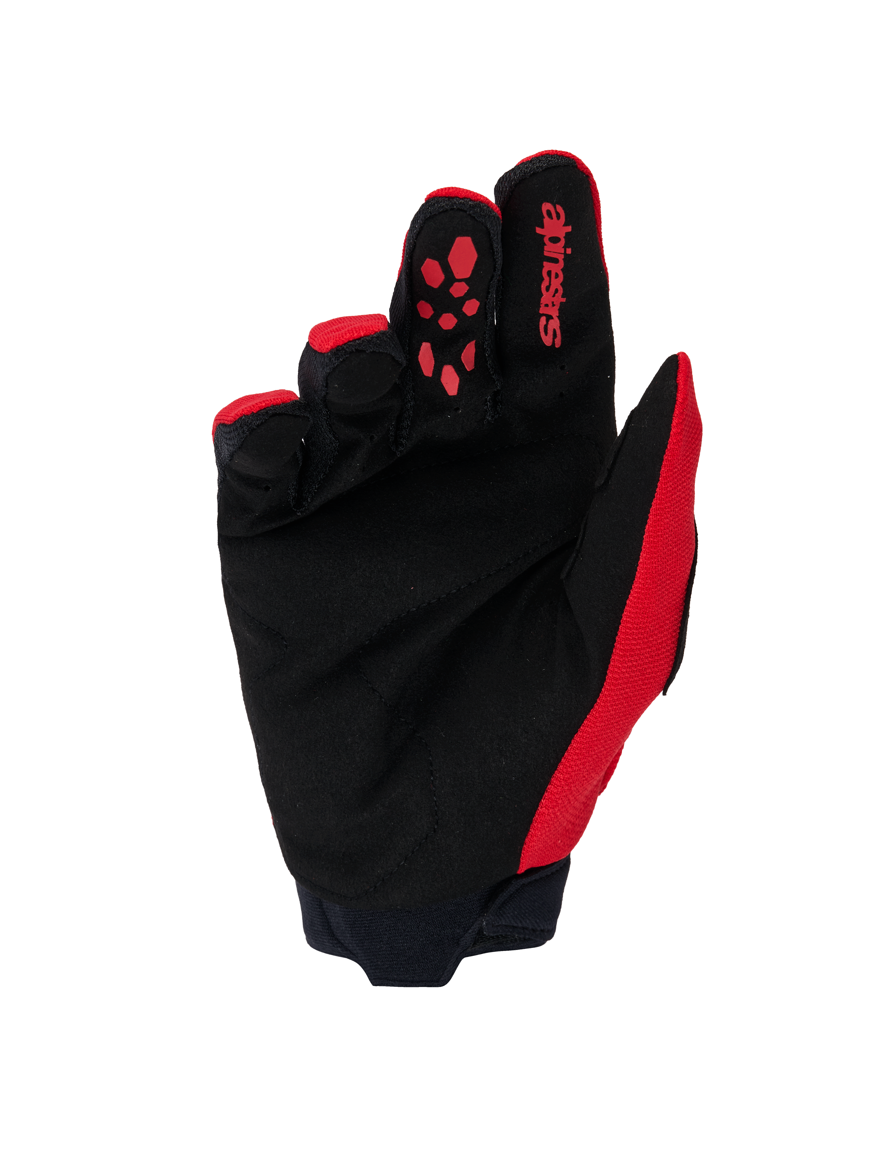 Alpinestars Full Bore V2 Gloves, Motocross Gloves, Bright Red and Black, palm view featuring reinforced black synthetic suede, red silicone grip on index finger, Alpinestars branding, and neoprene cuff