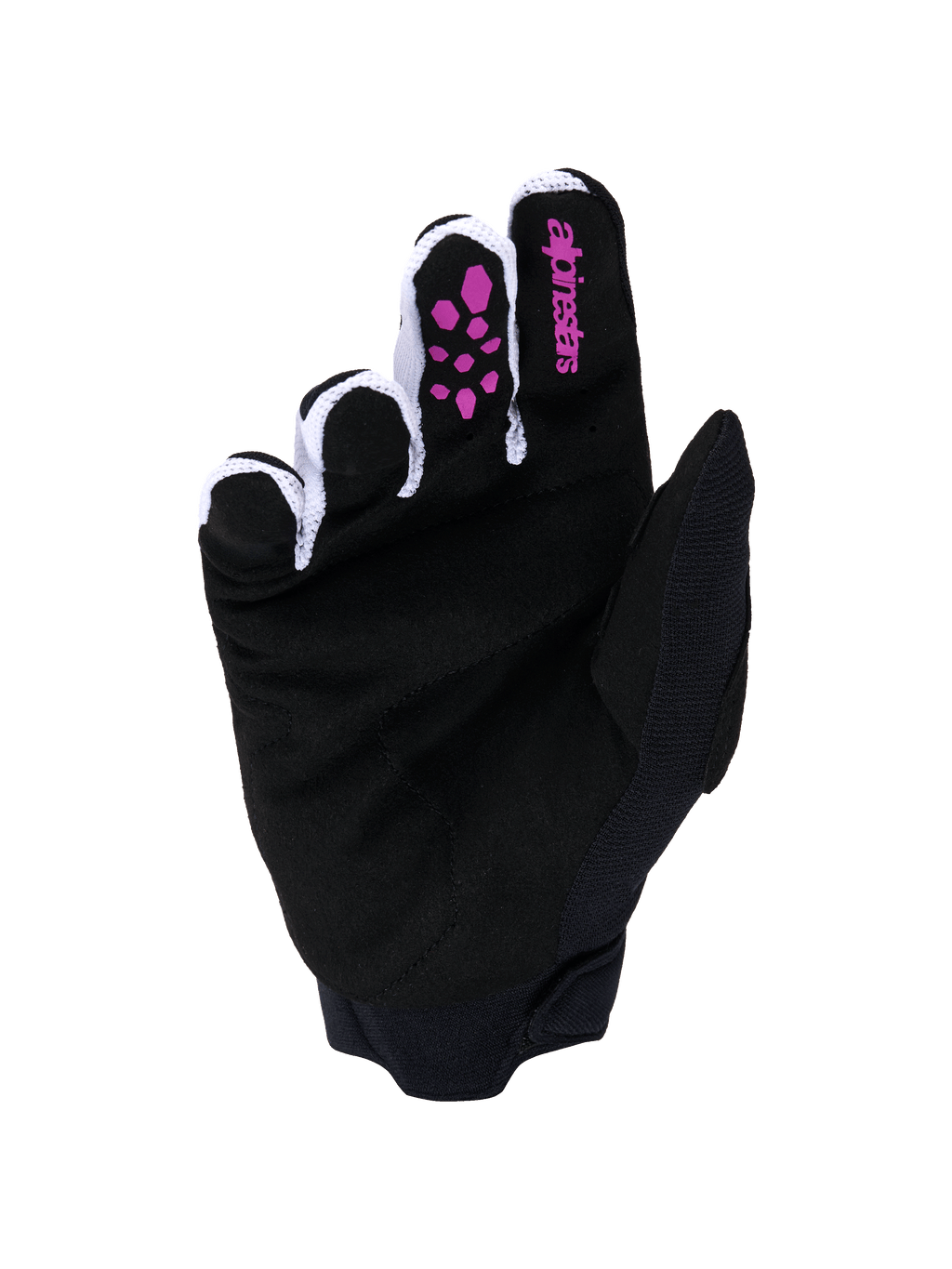 Alpinestars Full Bore V2 Handschuhe, Motocross-Handschuhe, Lila und Schwarz, Handflächenansicht mit schwarzem synthetischem Wildleder, lila Silikon-Grip an den Fingern, Alpinestars-Logo auf dem Zeigefinger, weißem belüftetem Mesh-Gewebe zwischen den Fingern und schwarzer Neoprenmanschette
