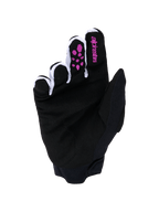 Alpinestars Full Bore V2 Handschuhe, Motocross-Handschuhe, Lila und Schwarz, Handflächenansicht mit schwarzem synthetischem Wildleder, lila Silikon-Grip an den Fingern, Alpinestars-Logo auf dem Zeigefinger, weißem belüftetem Mesh-Gewebe zwischen den Fingern und schwarzer Neoprenmanschette