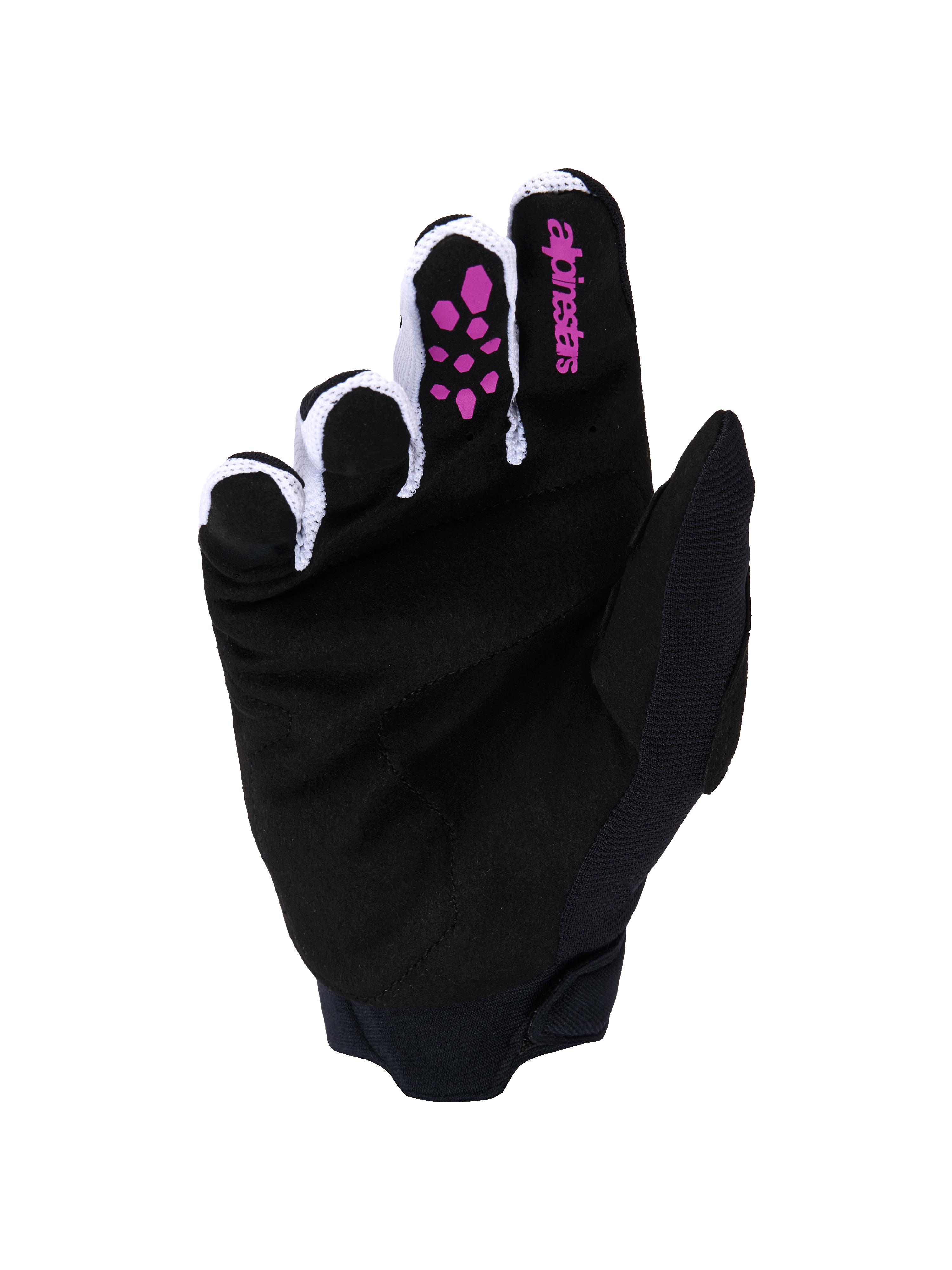 Alpinestars Full Bore V2 Handschuhe, Motocross-Handschuhe, Lila und Schwarz, Handflächenansicht mit schwarzem synthetischem Wildleder, lila Silikon-Grip an den Fingern, Alpinestars-Logo auf dem Zeigefinger, weißem belüftetem Mesh-Gewebe zwischen den Fingern und schwarzer Neoprenmanschette