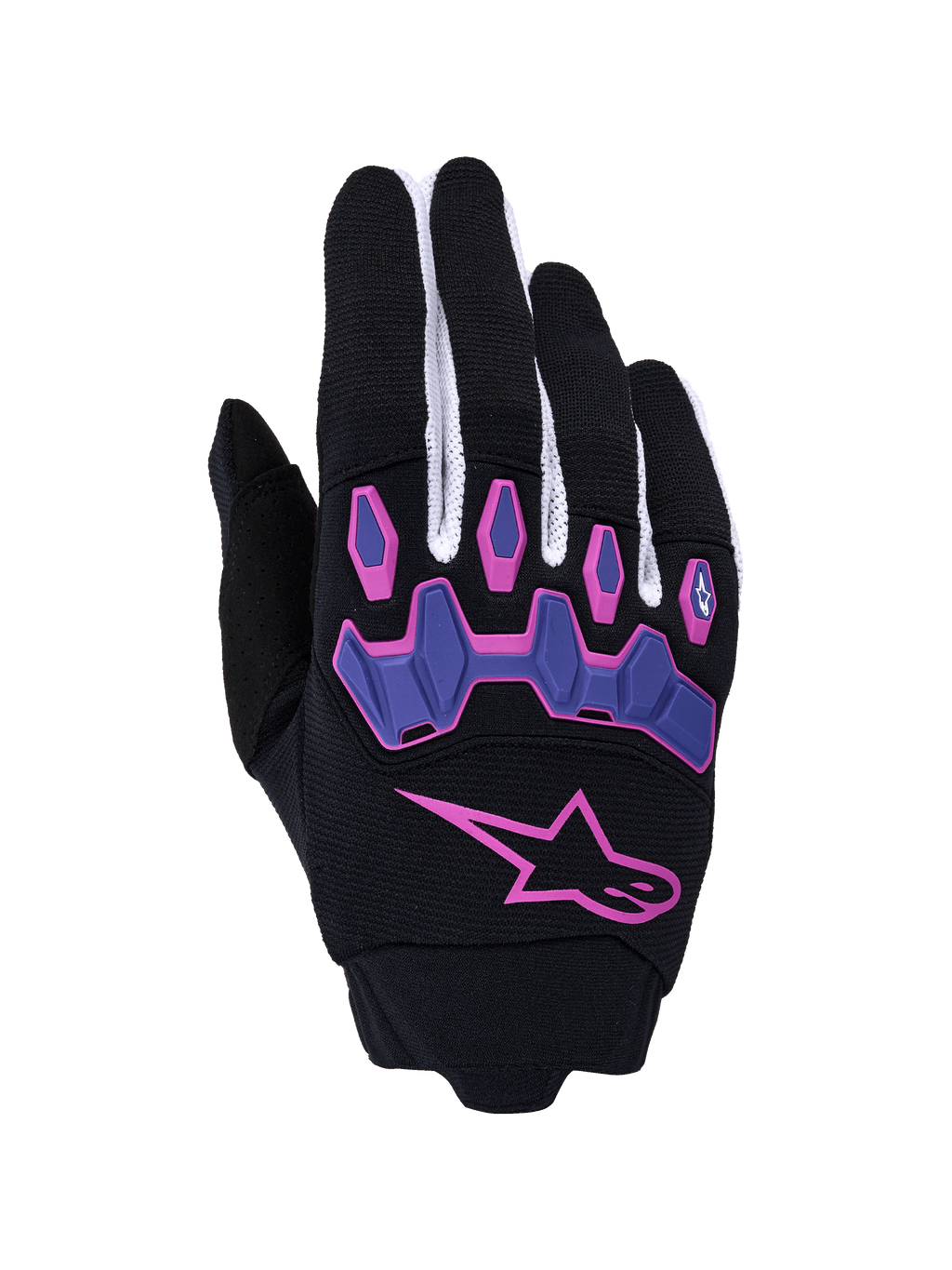 Alpinestars Full Bore V2 Handschuhe, Motocross-Handschuhe, Schwarz und Lila mit rosa Akzenten, mit einem großen rosa Stern-Logo und gelenkigen lila Knöchelprotektoren, weißen Mesh-Einsätzen an den Fingern, Offroad-Performance-Ausrüstung