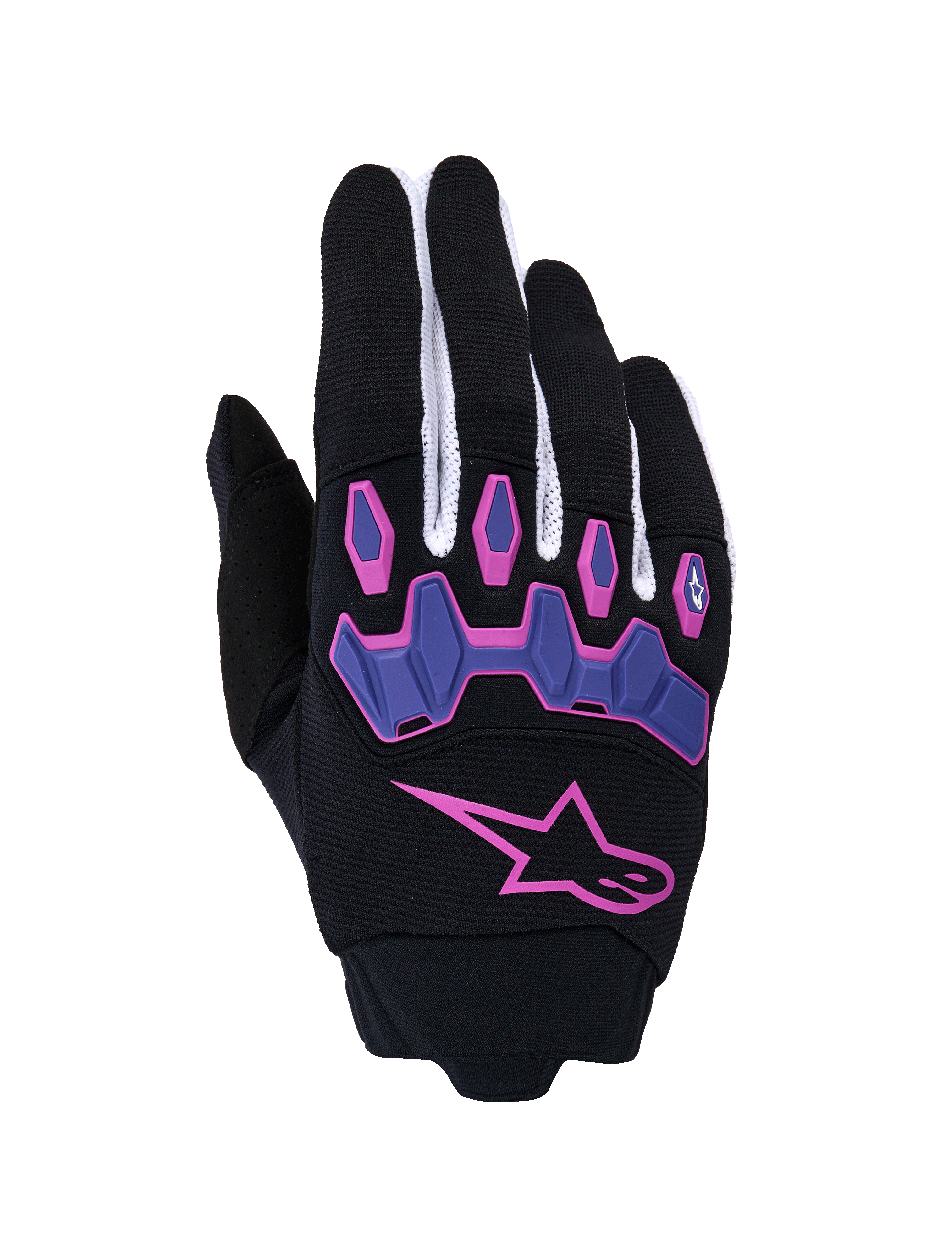 Alpinestars Full Bore V2 Handschuhe, Motocross-Handschuhe, Schwarz und Lila mit rosa Akzenten, mit einem großen rosa Stern-Logo und gelenkigen lila Knöchelprotektoren, weißen Mesh-Einsätzen an den Fingern, Offroad-Performance-Ausrüstung