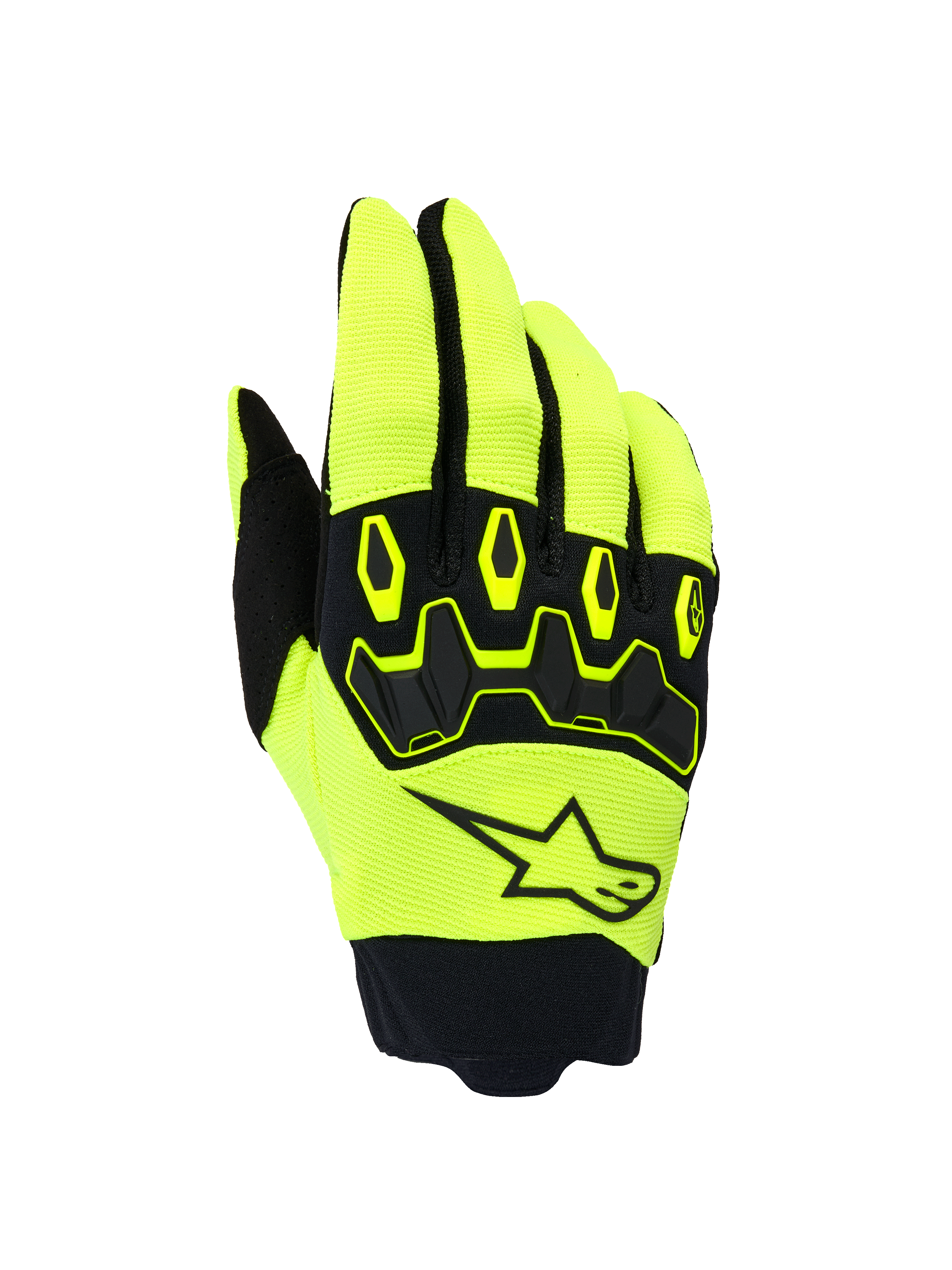 Alpinestars Full Bore V2 Handschuhe, Motocross- und Offroad-Handschuhe, Neongelb und Schwarz, ergonomischer TPR-Knöchelschutz, Alpinestars-Sternlogo auf dem Handrücken, atmungsaktives Stretchgewebe mit Neopren-Manschette