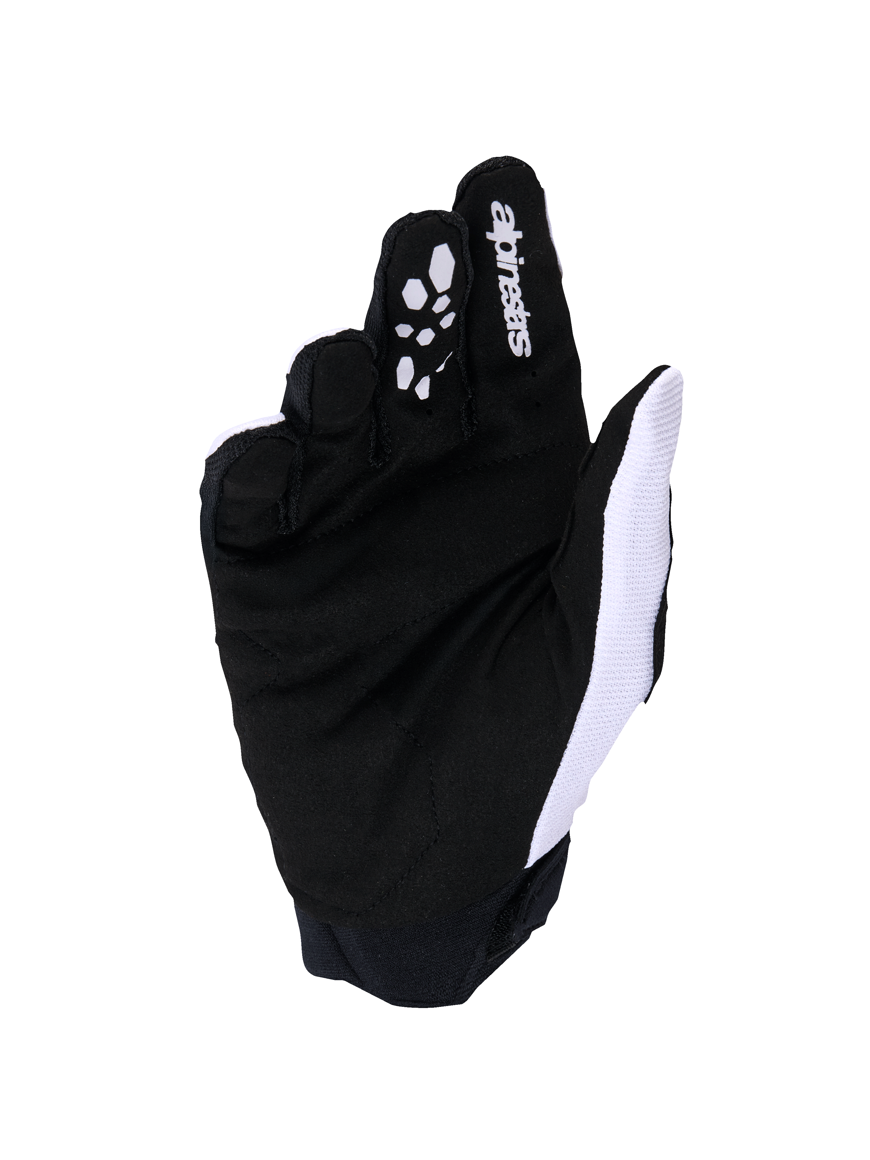 Alpinestars Full Bore V2 Gloves, Motocross Gloves, Light Gray and Black, palm view featuring reinforced synthetic suede and silicone grip on fingers, white breathable mesh on the thumb side, and Alpinestars logo on the index finger.