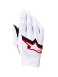 Alpinestars Supertech MX Handschuhe, Motocross-Handschuhe, Weiß mit schwarzen und Fire Red Akzenten, Rückhand-Ansicht mit markantem Astar-Logo, umfassende Laserperforationen zur Belüftung und eine leichte, nahtlose Stretch-Konstruktion für den professionellen Rennsport.