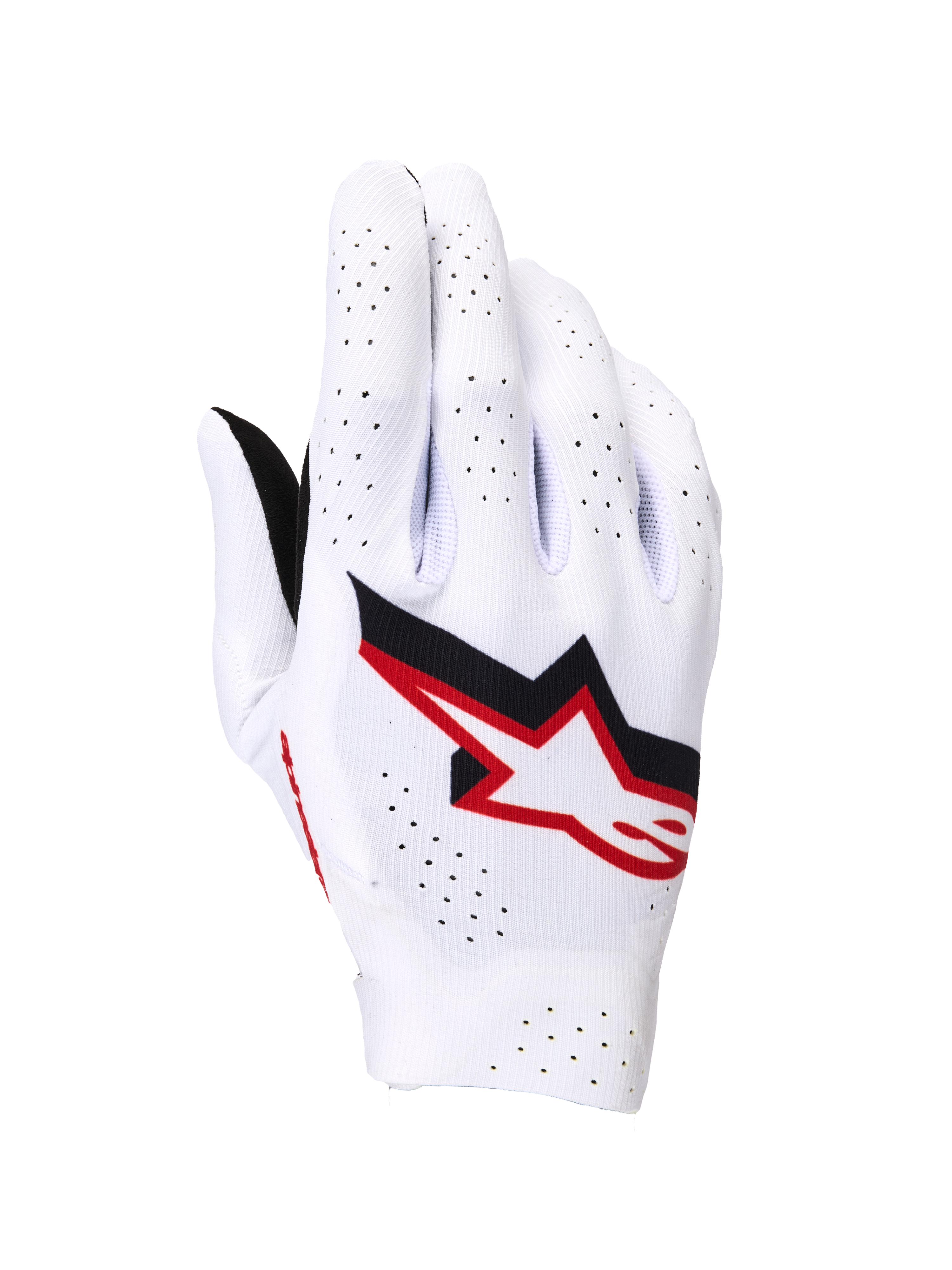Alpinestars Supertech MX Handschuhe, Motocross-Handschuhe, Weiß mit schwarzen und Fire Red Akzenten, Rückhand-Ansicht mit markantem Astar-Logo, umfassende Laserperforationen zur Belüftung und eine leichte, nahtlose Stretch-Konstruktion für den professionellen Rennsport.