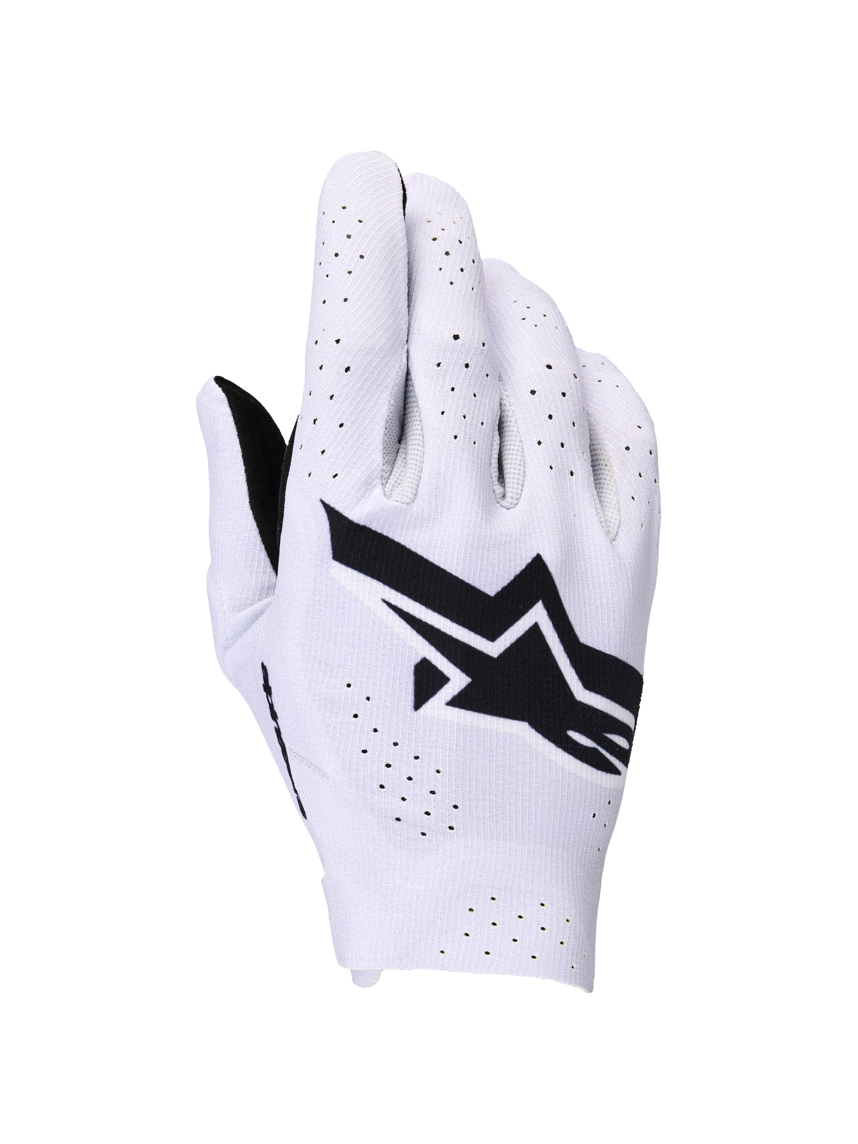 Alpinestars Supertech MX Handschuhe, Motocross-Handschuhe, Helllila und Schwarz, Handrückenansicht mit großem schwarzem Alpinestars-Logo und lasergeschnittenen Perforationen für Luftzirkulation, leichte einlagige Stretch-Konstruktion für den Offroad-Rennsport.