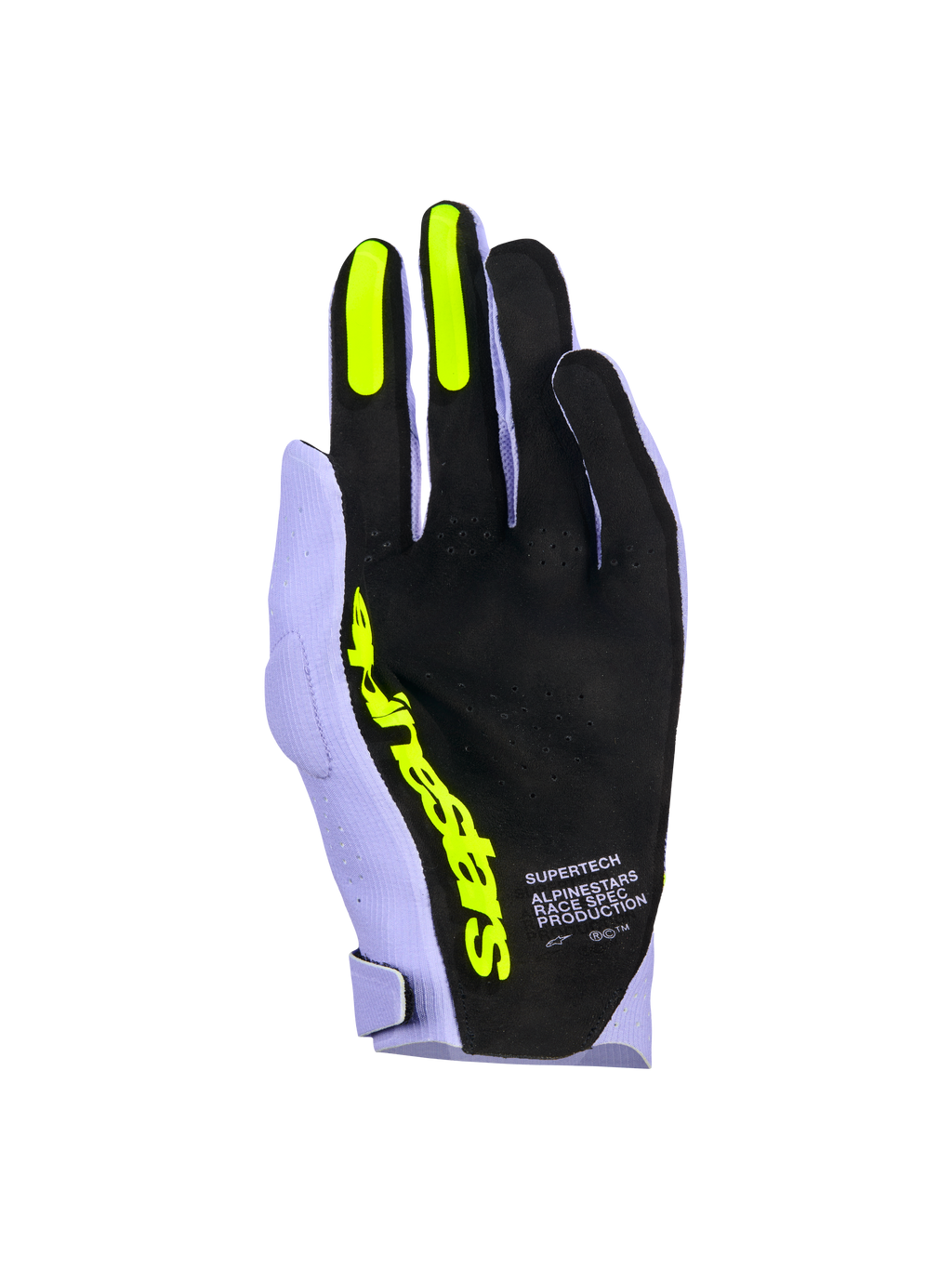 Alpinestars Supertech MX Handschuhe, Motocross-Handschuhe, Lavender Violett und Fluo Gelb, Ansicht der Handfläche mit schwarzem, perforiertem Material, fluo-gelben Silikon-Grips an Zeige- und Mittelfinger, markantes gelbes Alpinestars-Branding und 'Race Spec Production'-Schriftzug, Hochleistungs-Offroad-Rennausrüstung