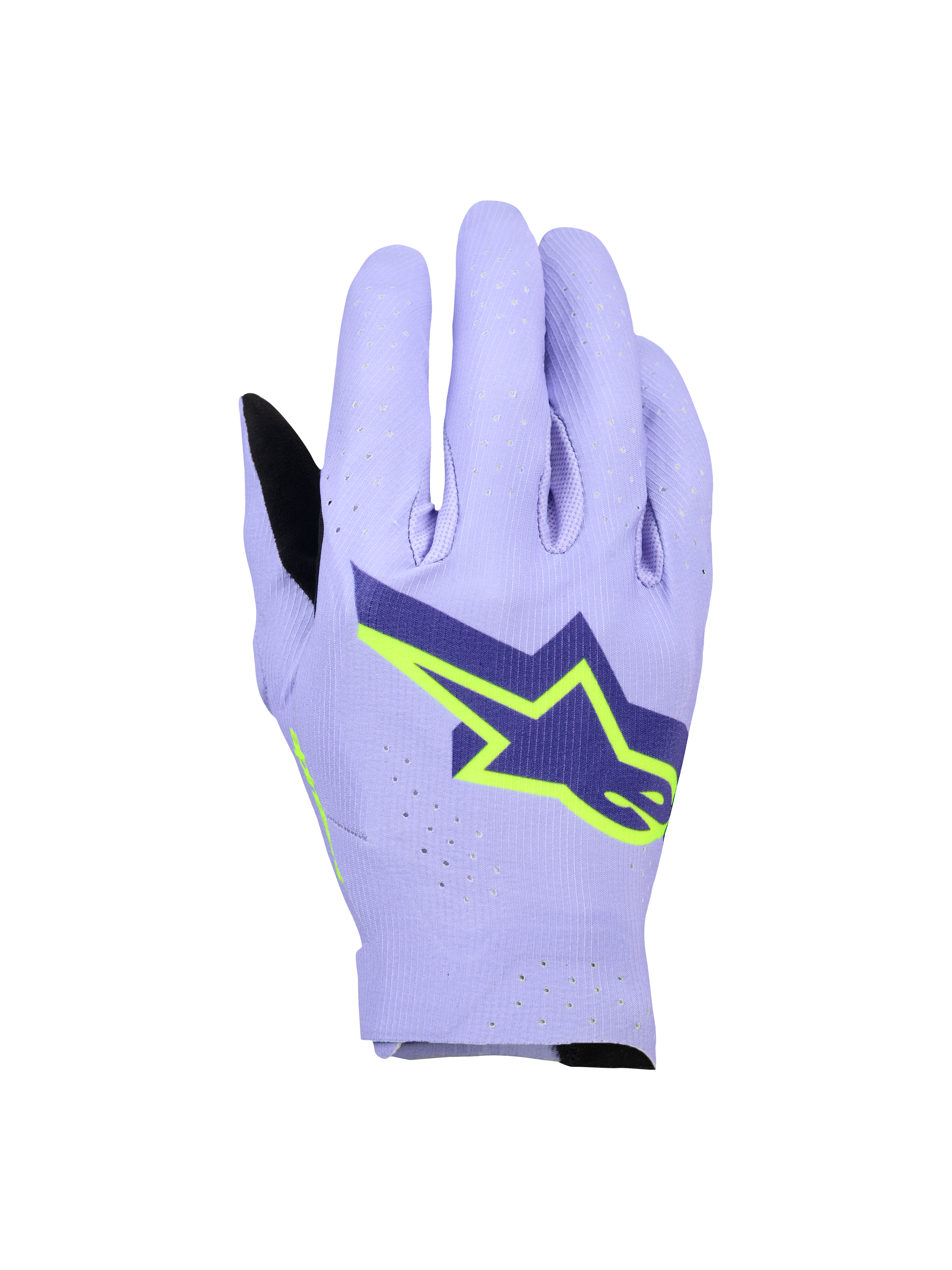 Alpinestars Supertech MX Handschuhe, Motocross-Handschuhe, Lavendel-Violett und Fluo-Gelb, mit großem Stern-Logo in Navyblau und Neongelb, laserperforierte Oberhand für Atmungsaktivität, leichtes, einlagiges Stretch-Design für den Offroad-Rennsport.