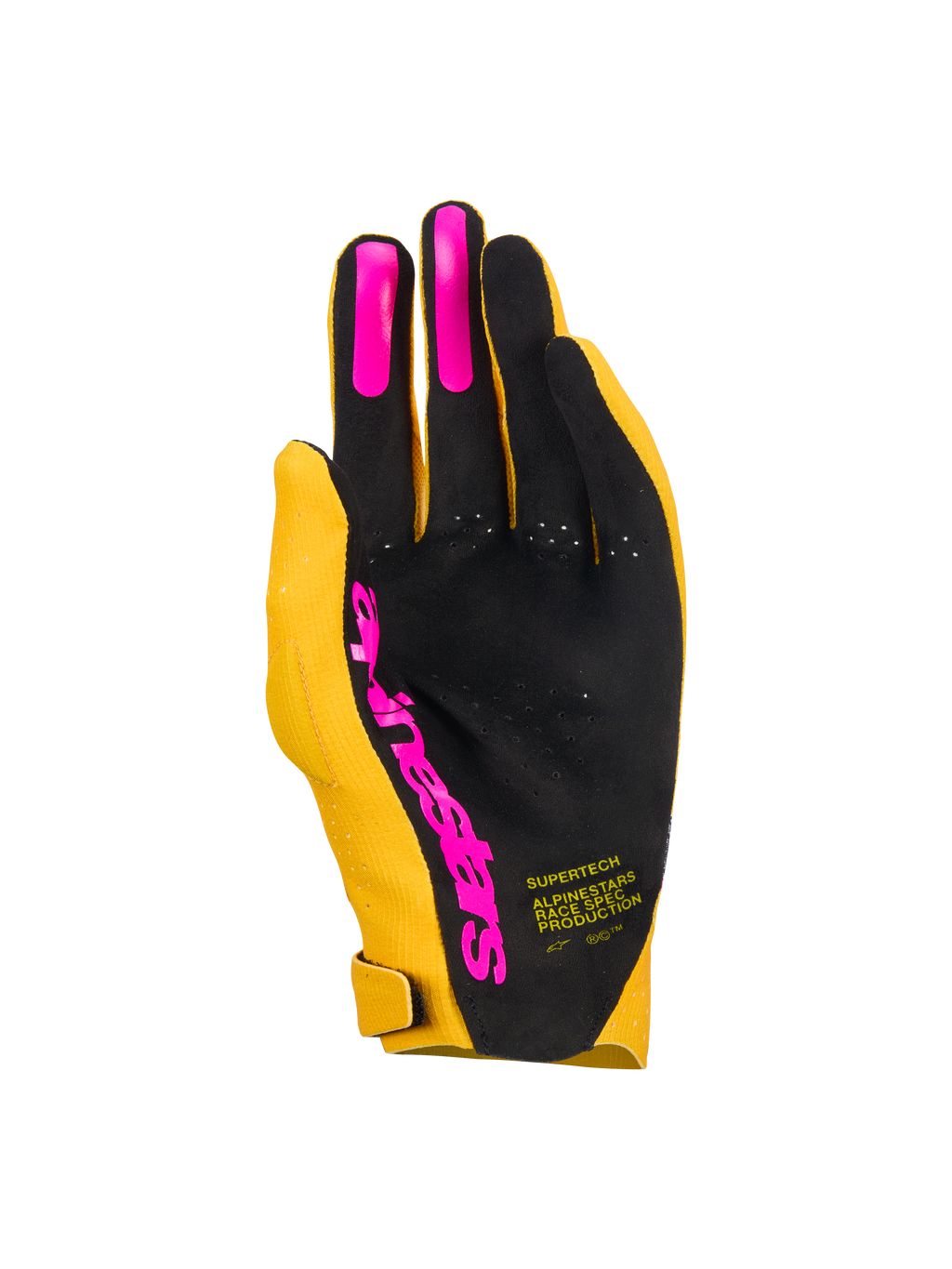 Alpinestars Supertech MX Handschuhe, Motocross-Handschuhe, Gold, Schwarz und Fluo-Pink, Ansicht der Handfläche mit einlagiger, perforierter Handfläche, pinkfarbenen Silikon-Grips an den Fingern und Alpinestars-Logo, leichte Rennausrüstung