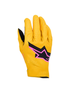 Alpinestars Supertech MX Handschuhe, Motocross-Rennhandschuhe, Gold, Schwarz und Fluo-Pink, mit laserperforierter einlagiger Stretch-Konstruktion, schwarzes Stern-Logo mit pinkfarbenem Rand, atmungsaktives und flexibles Design für den Offroad-Rennsport