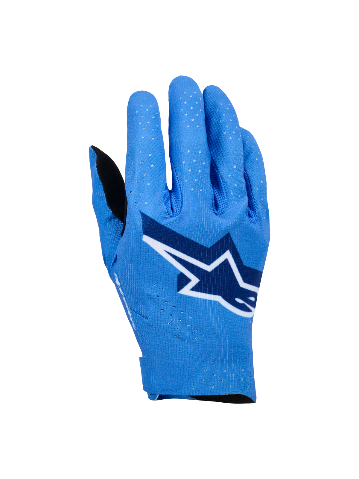 Alpinestars Supertech MX Handschuhe, Motocross-Handschuhe, Ucla-Blau mit tiefblauen und weißen Akzenten, großes Stern-Logo auf dem Handrücken, Laserperforationen für Atmungsaktivität, nahtloses ergonomisches Design für den Offroad-Einsatz