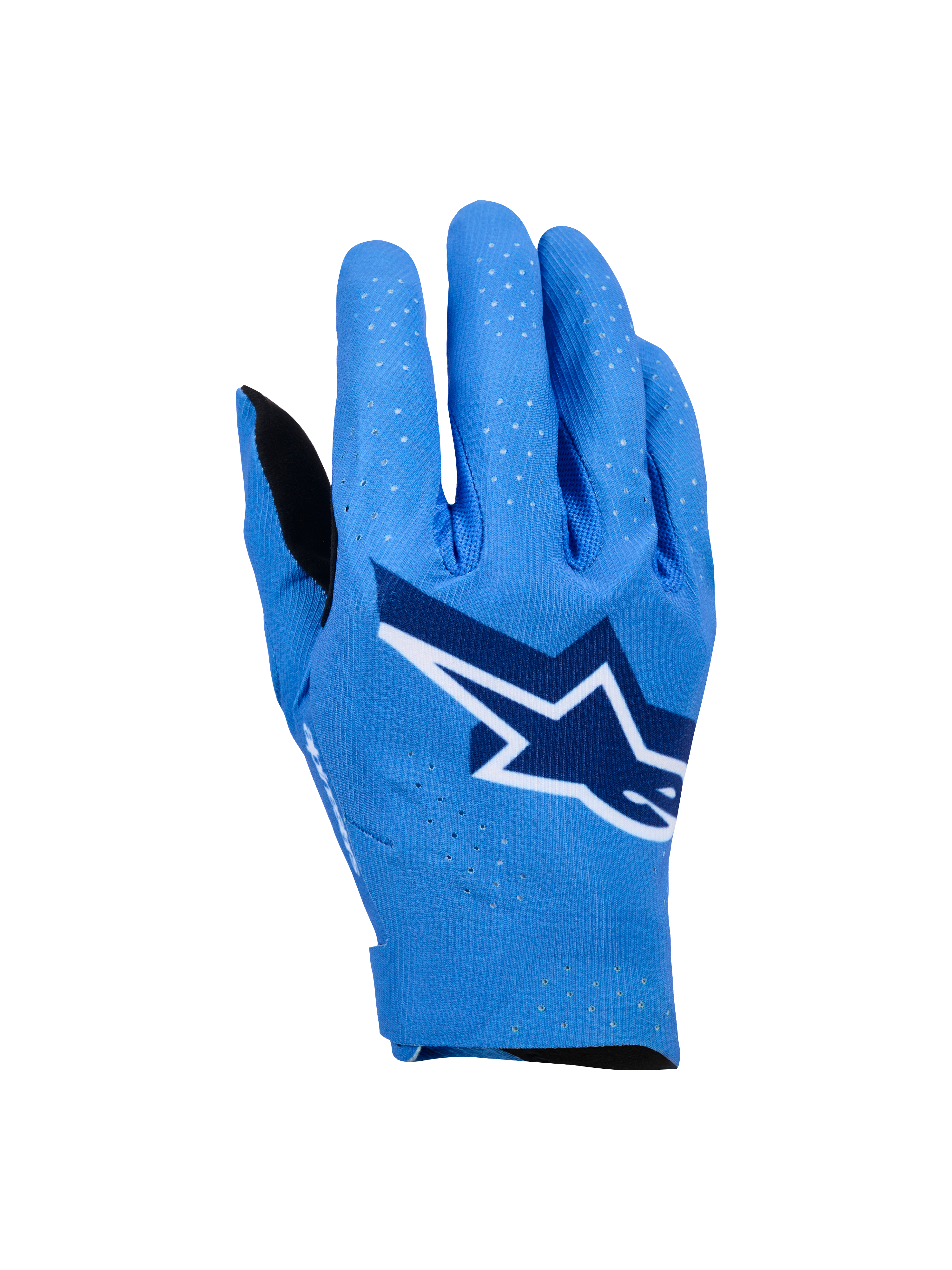 Alpinestars Supertech MX Handschuhe, Motocross-Handschuhe, Ucla-Blau mit tiefblauen und weißen Akzenten, großes Stern-Logo auf dem Handrücken, Laserperforationen für Atmungsaktivität, nahtloses ergonomisches Design für den Offroad-Einsatz