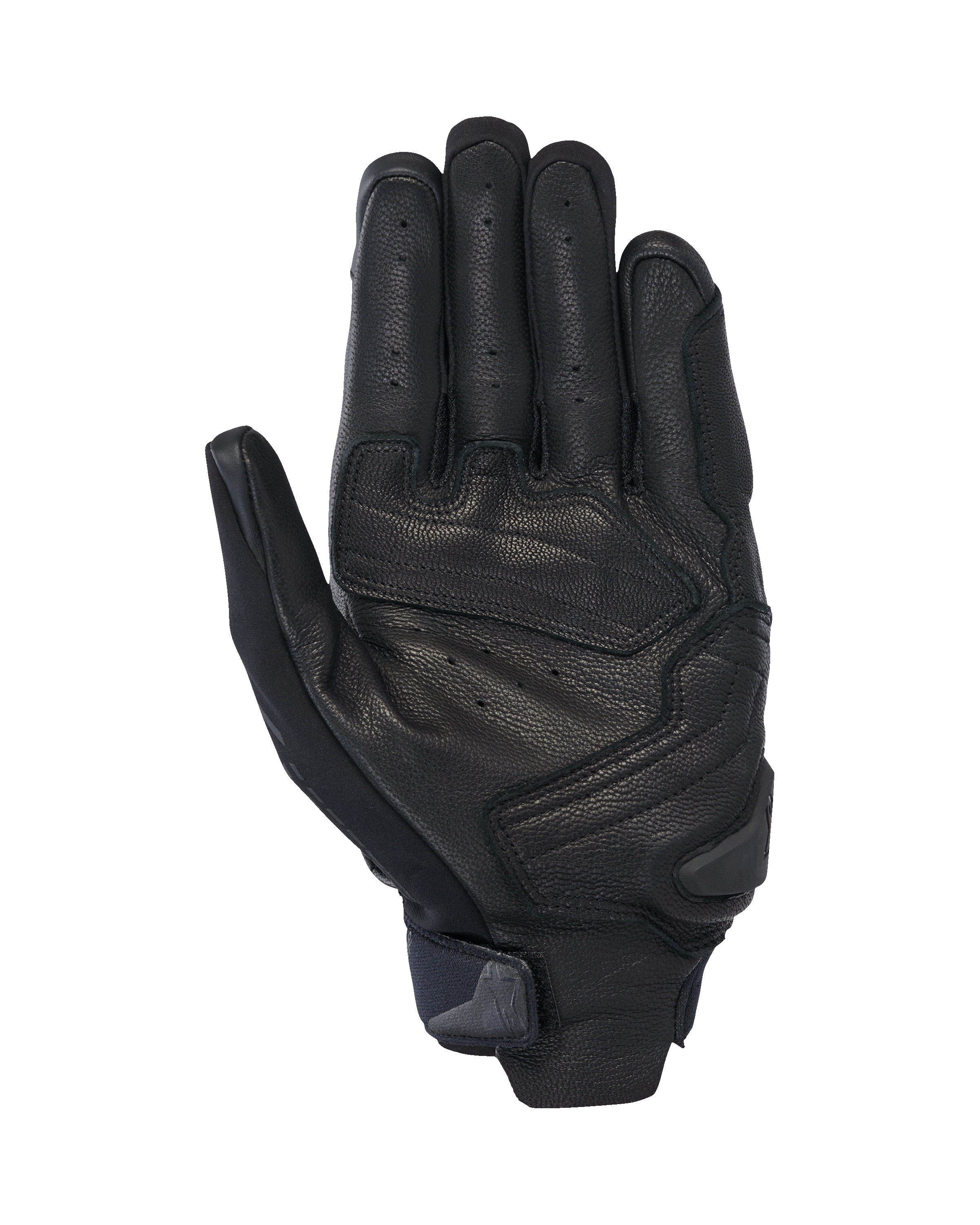 Alpinestars SP X 7 Handschuhe, kurze Motorradhandschuhe, Schwarz, Handflächenansicht mit perforiertem Leder zur Belüftung, verstärkten Handflächenauflagen mit einem Slider und einem kompakten Handgelenkverschluss mit integrierter Zuglasche
