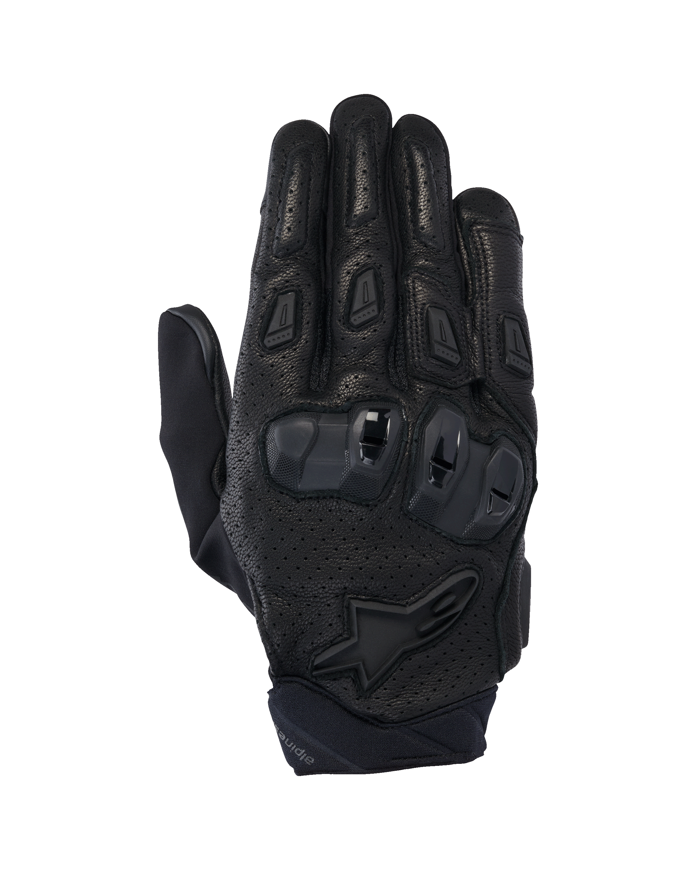 Alpinestars SP X 7 Handschuhe, kurze Motorrad-Straßenhandschuhe, Schwarz, mit perforiertem Leder für die Luftzirkulation, doppeldichtem TPU-Knöchelschutz, Alpinestars Stern-Logo am Handgelenk und ergonomischen Fingerschiebern