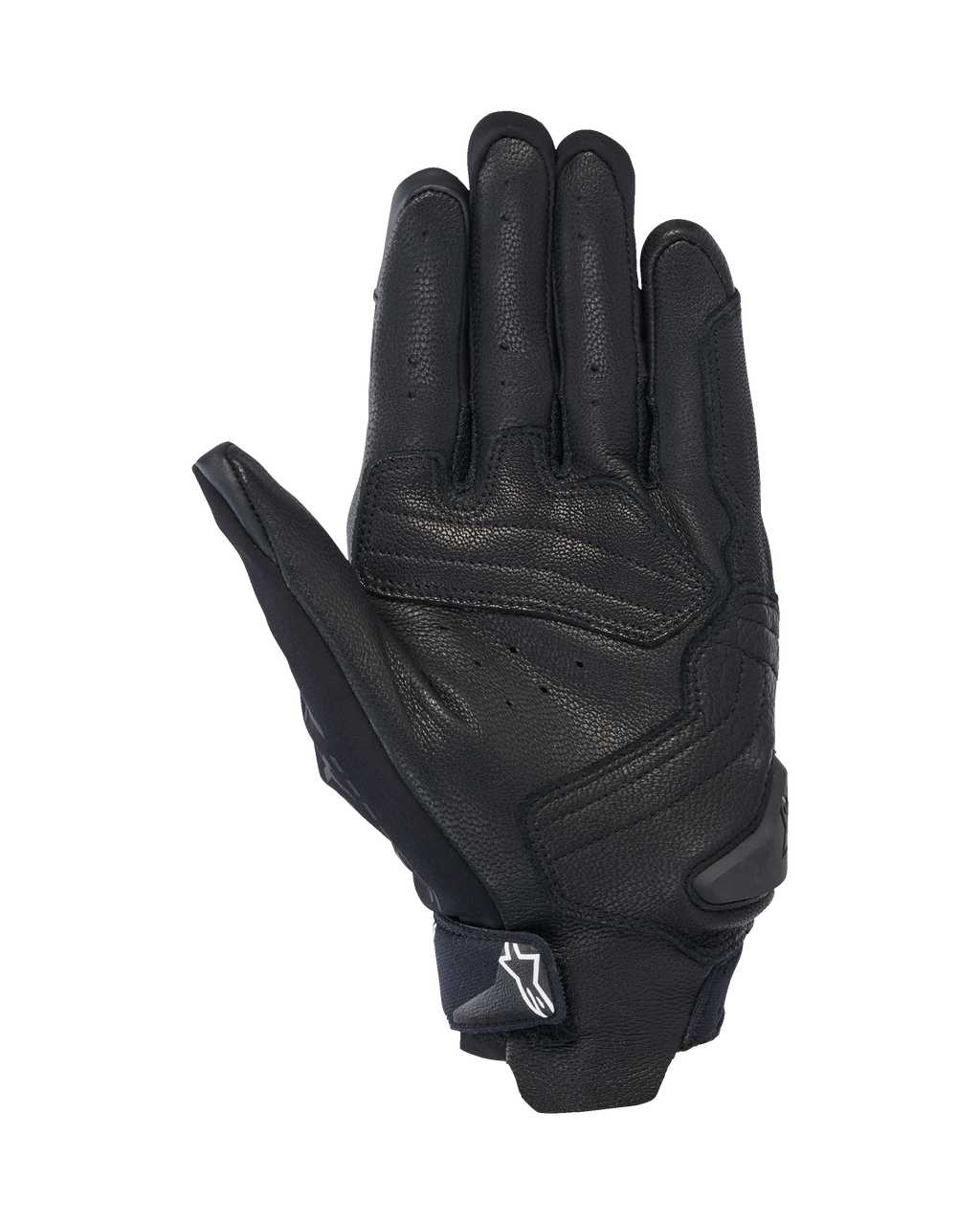 Alpinestars SP X 7 Handschuhe, Handflächenansicht, Schwarz, kurze Motorrad-Sporthandschuhe mit perforierter Lederkonstruktion, verstärkten Handflächen und einem TPR-Slider mit weißem Astars-Logo auf dem Handgelenksriemen