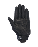 Alpinestars SP X 7 Handschuhe, Handflächenansicht, Schwarz, kurze Motorrad-Sporthandschuhe mit perforierter Lederkonstruktion, verstärkten Handflächen und einem TPR-Slider mit weißem Astars-Logo auf dem Handgelenksriemen