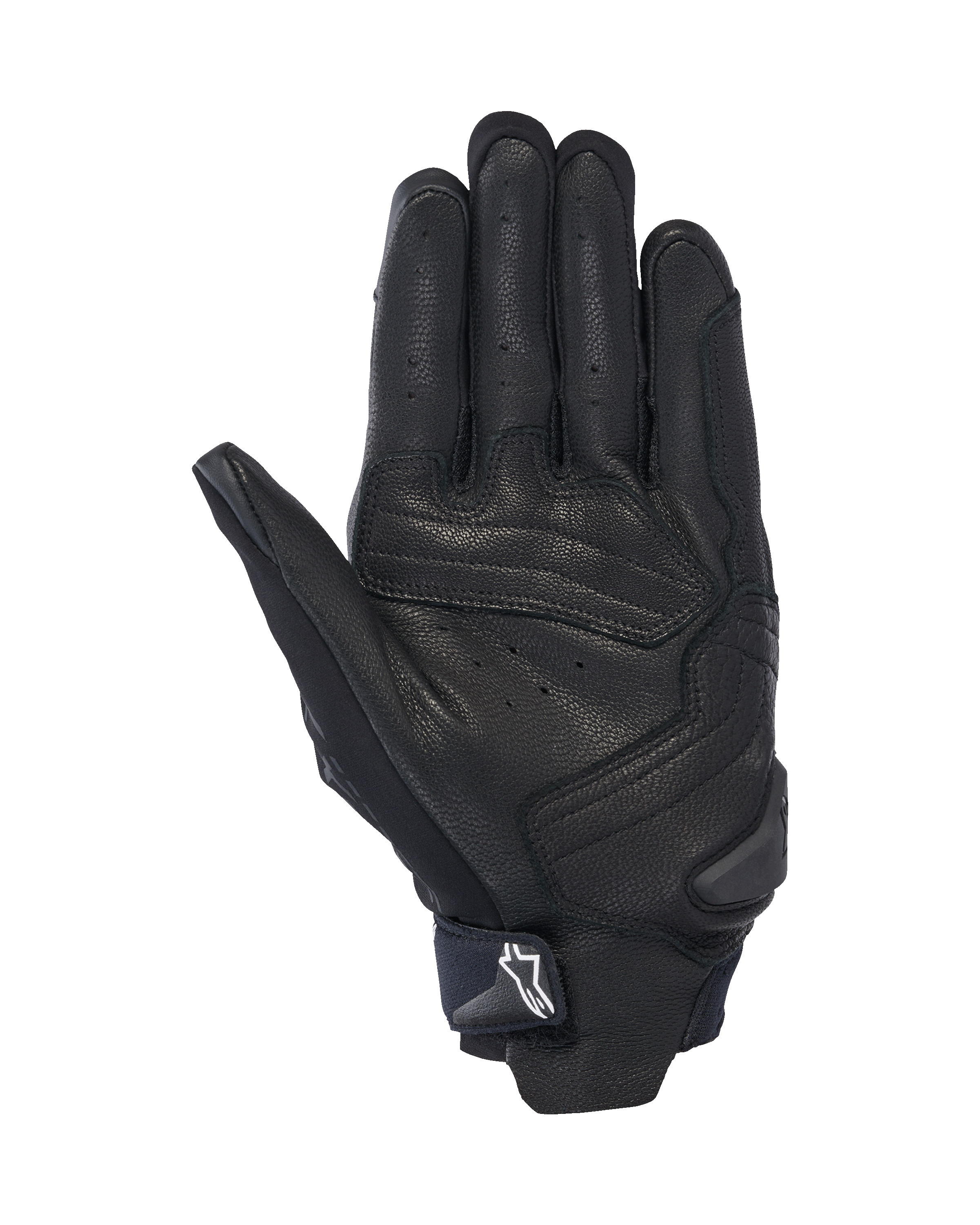 Alpinestars SP X 7 Handschuhe, Handflächenansicht, Schwarz, kurze Motorrad-Sporthandschuhe mit perforierter Lederkonstruktion, verstärkten Handflächen und einem TPR-Slider mit weißem Astars-Logo auf dem Handgelenksriemen