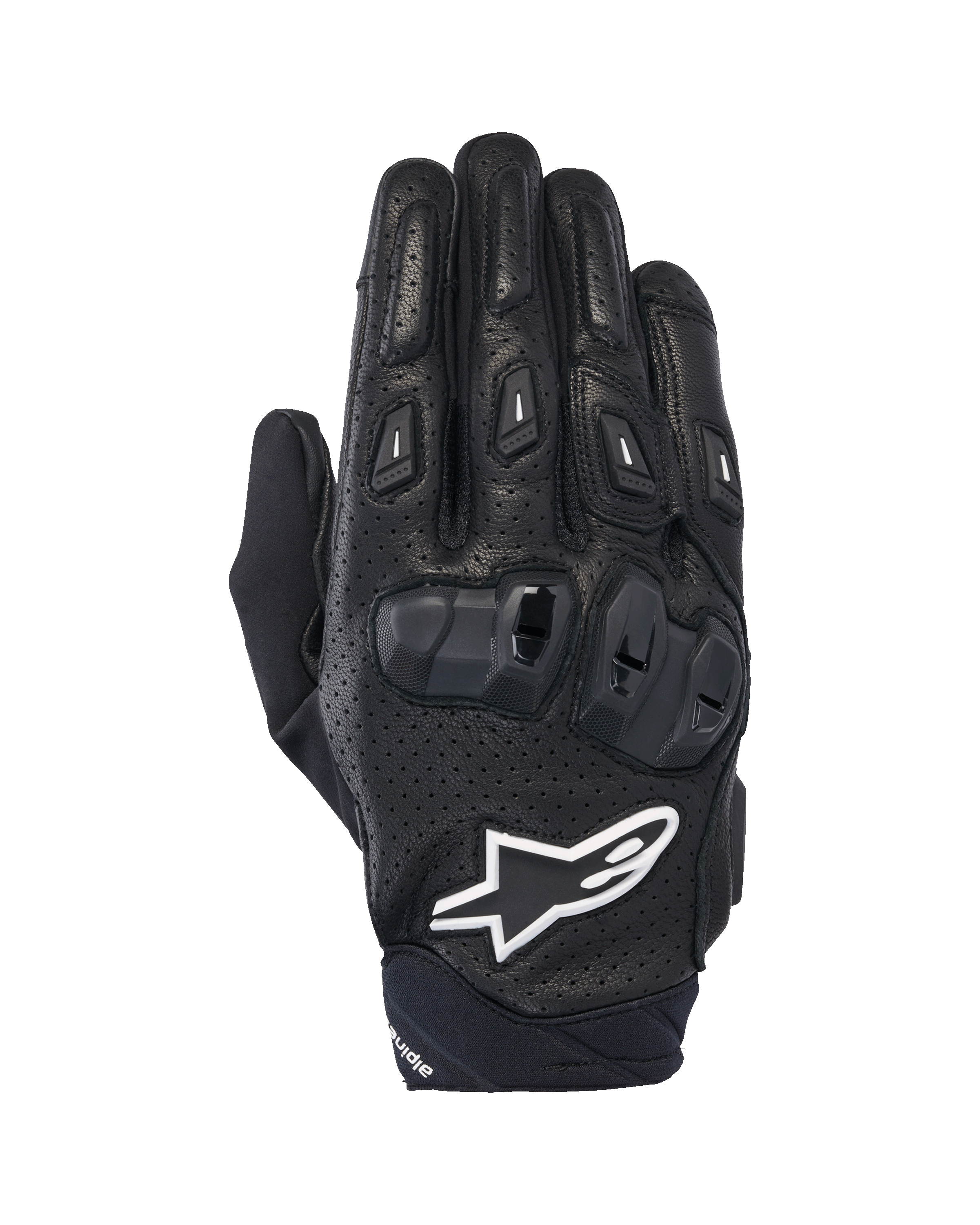 Alpinestars SP X 7 Handschuhe, kurze Sport-Motorradhandschuhe, Schwarz und Weiß, mit perforierter Lederkonstruktion, doppeldichtem TPU-Knöchelschutz und weißem Alpinestars Stern-Logo, entwickelt für Performance-Straßenfahrten