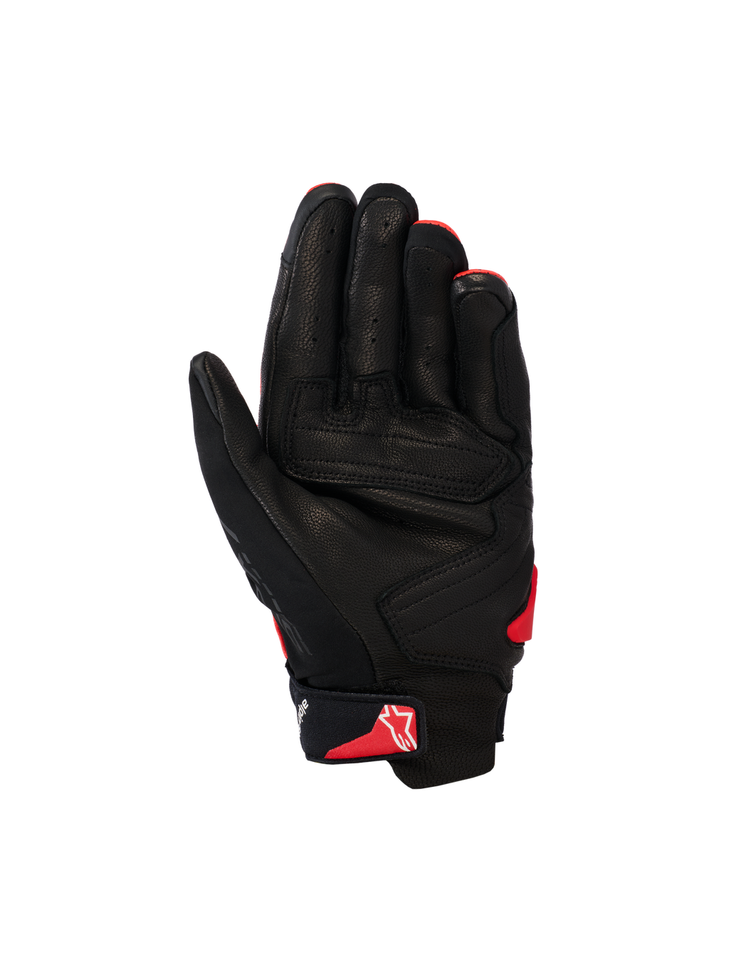 Alpinestars SP X 7 Handschuhe, Kurzmanschetten-Motorradhandschuhe, Schwarz und Leuchtend Rot, Handflächenansicht mit perforierter Lederkonstruktion, verstärkte Handflächenpaneele, rotes Astars-Logo am Handgelenkriemen