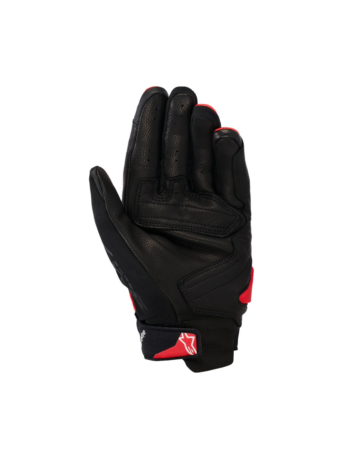 Alpinestars SP X 7 Handschuhe, Kurzmanschetten-Motorradhandschuhe, Schwarz und Leuchtend Rot, Handflächenansicht mit perforierter Lederkonstruktion, verstärkte Handflächenpaneele, rotes Astars-Logo am Handgelenkriemen