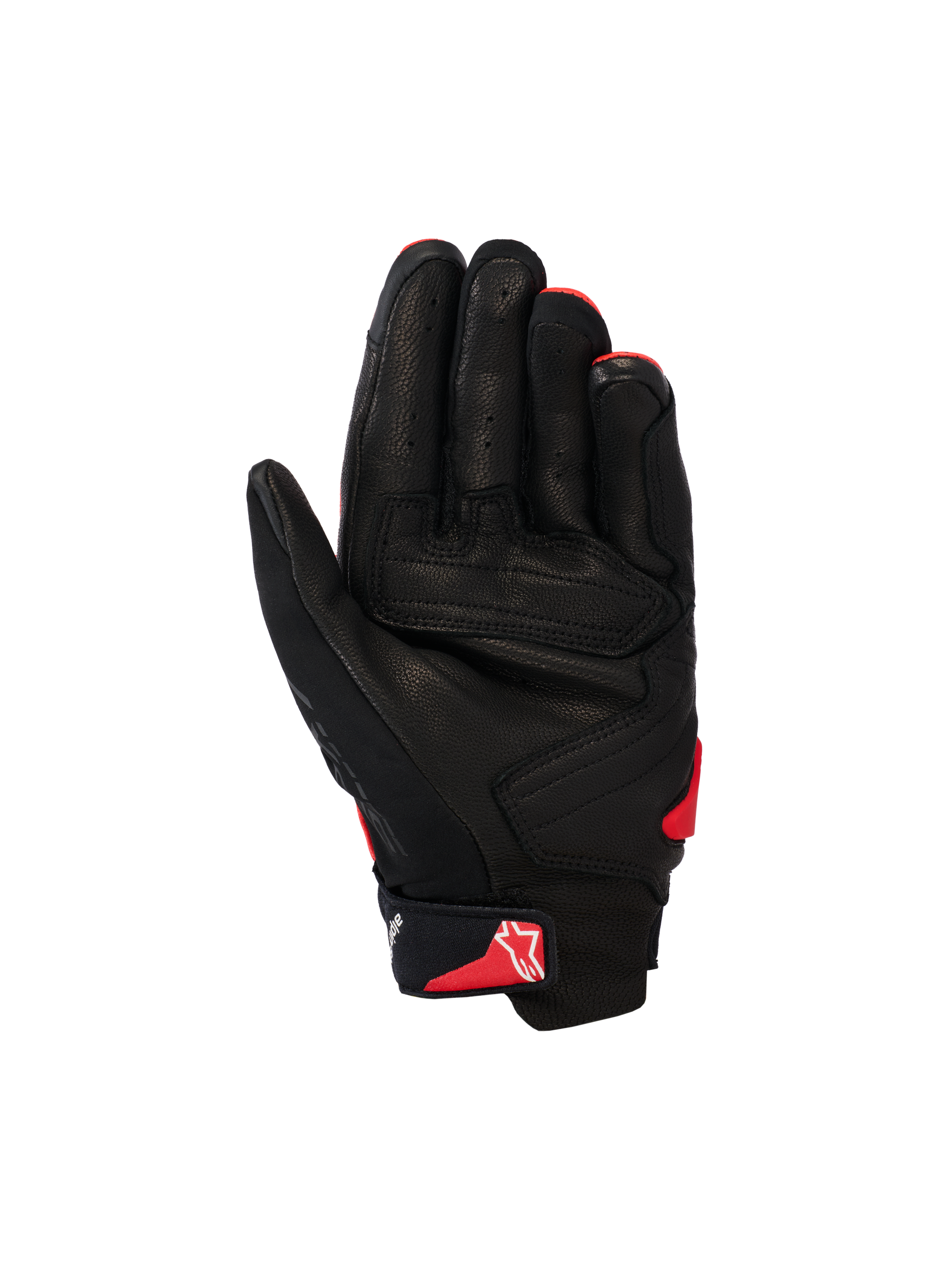 Alpinestars SP X 7 Handschuhe, Kurzmanschetten-Motorradhandschuhe, Schwarz und Leuchtend Rot, Handflächenansicht mit perforierter Lederkonstruktion, verstärkte Handflächenpaneele, rotes Astars-Logo am Handgelenkriemen