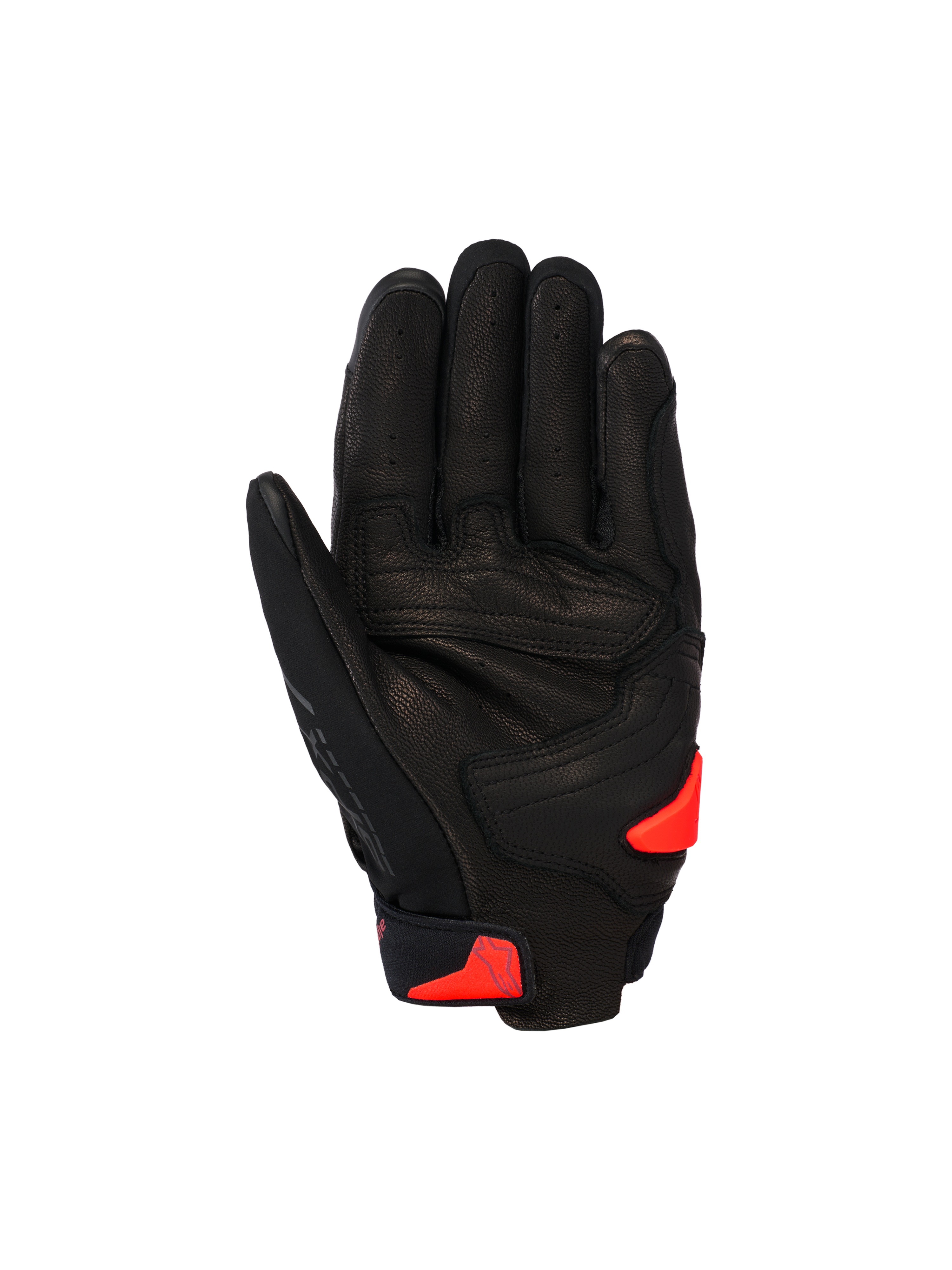 Alpinestars SP X 7 Handschuhe, kurze Sport-Motorradhandschuhe, Schwarz mit Red Fluo Akzenten, Handflächenansicht mit perforierter Lederkonstruktion, verstärkter Handflächenbereich und TPR-Handflächen-Slider.