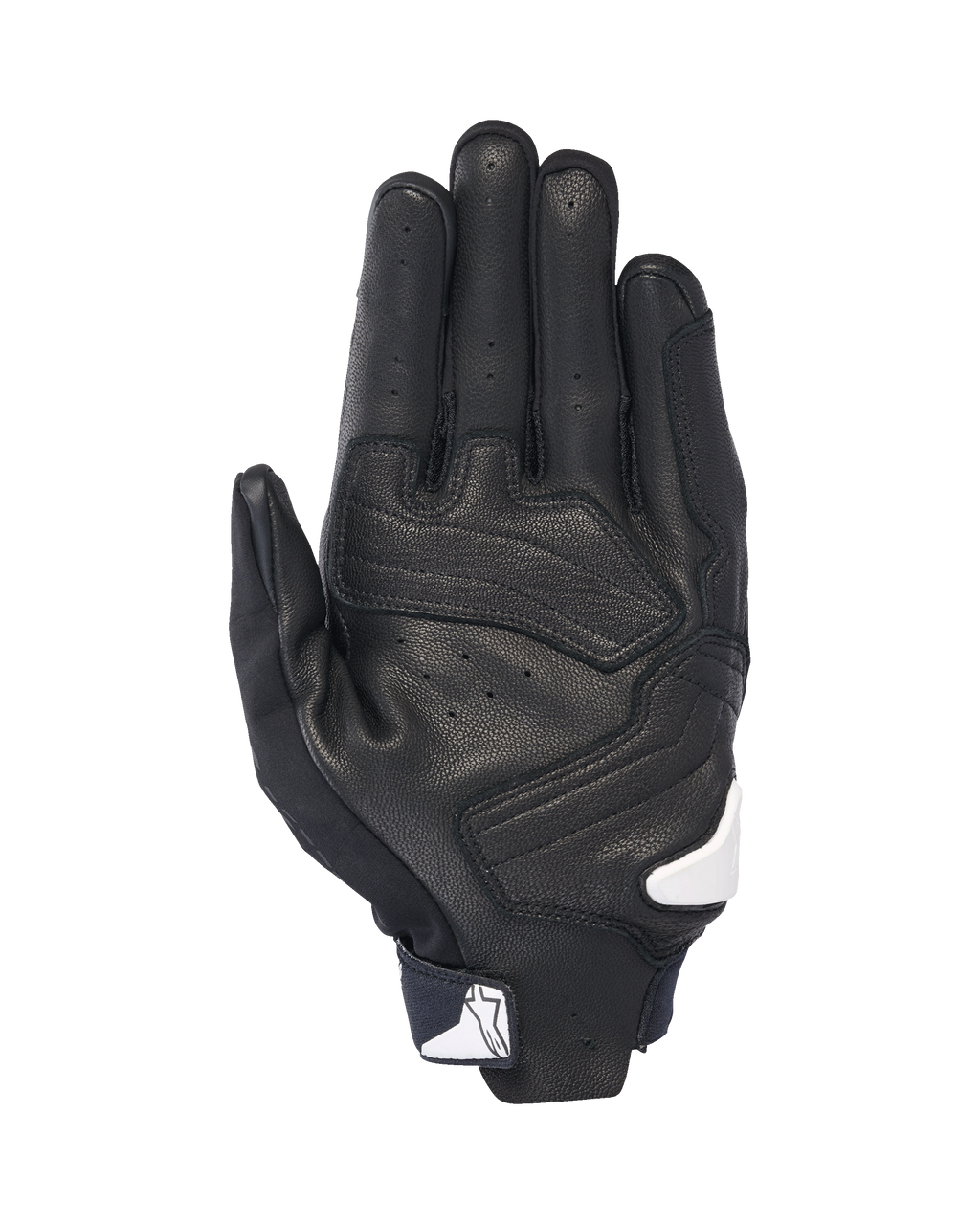 Alpinestars SP X 7 Handschuhe, Handflächenansicht, Schwarz mit weißen Akzenten, kurze Motorradhandschuhe mit perforiertem Leder, verstärkten Handflächenbesätzen und weißem Alpinestars-Logo am Handgelenkverschluss