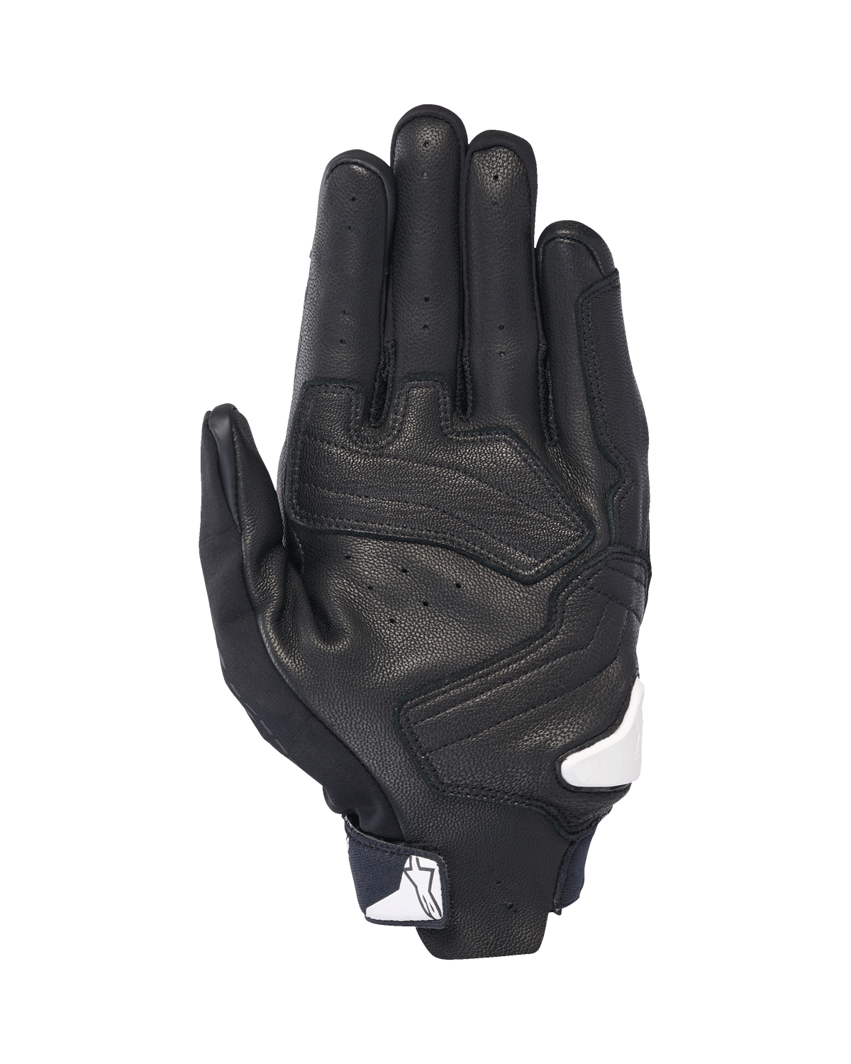 Alpinestars SP X 7 Handschuhe, Handflächenansicht, Schwarz mit weißen Akzenten, kurze Motorradhandschuhe mit perforiertem Leder, verstärkten Handflächenbesätzen und weißem Alpinestars-Logo am Handgelenkverschluss