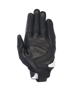 Alpinestars SP X 7 Handschuhe, Handflächenansicht, Schwarz mit weißen Akzenten, kurze Motorradhandschuhe mit perforiertem Leder, verstärkten Handflächenbesätzen und weißem Alpinestars-Logo am Handgelenkverschluss