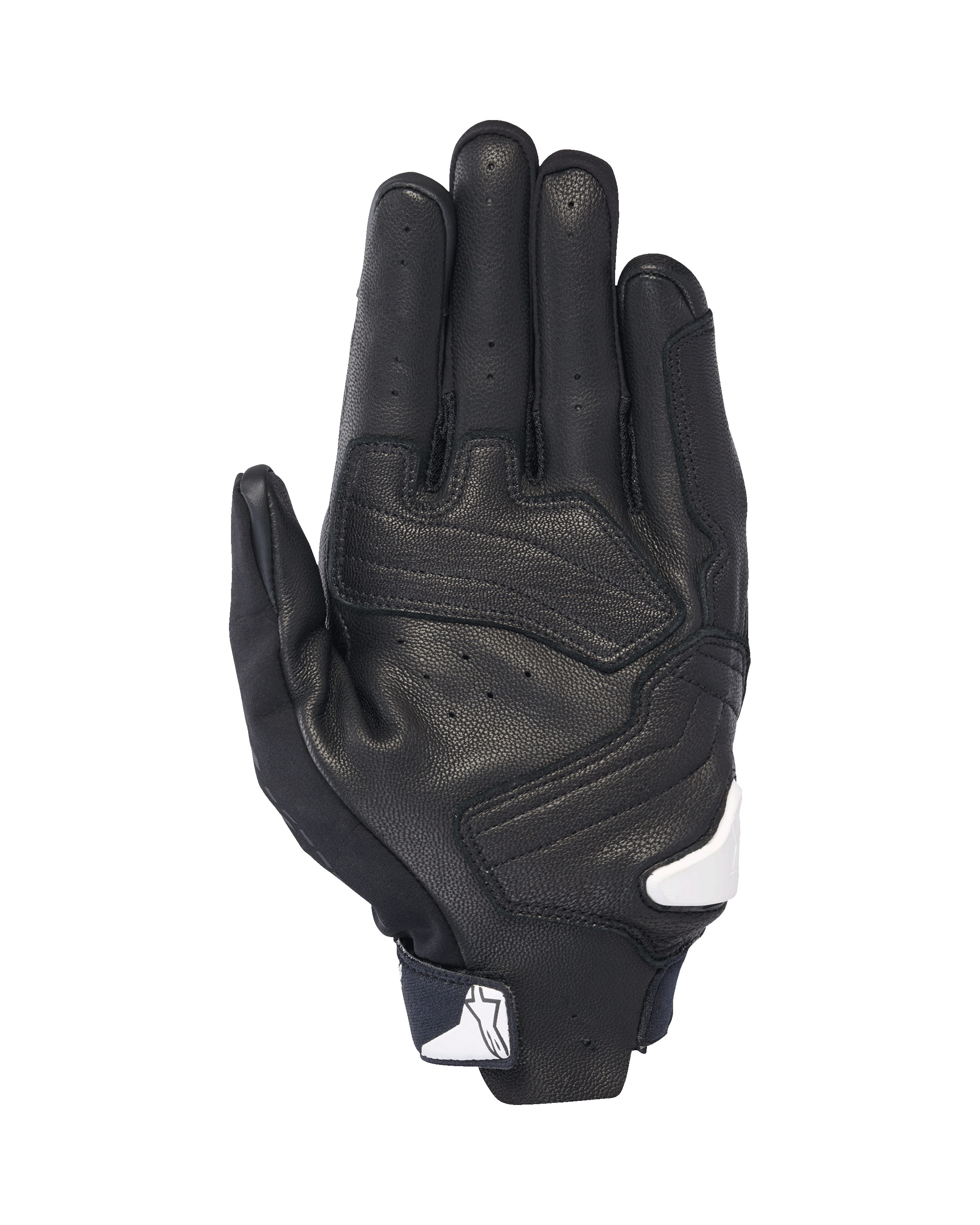 Alpinestars SP X 7 Handschuhe, Handflächenansicht, Schwarz mit weißen Akzenten, kurze Motorradhandschuhe mit perforiertem Leder, verstärkten Handflächenbesätzen und weißem Alpinestars-Logo am Handgelenkverschluss
