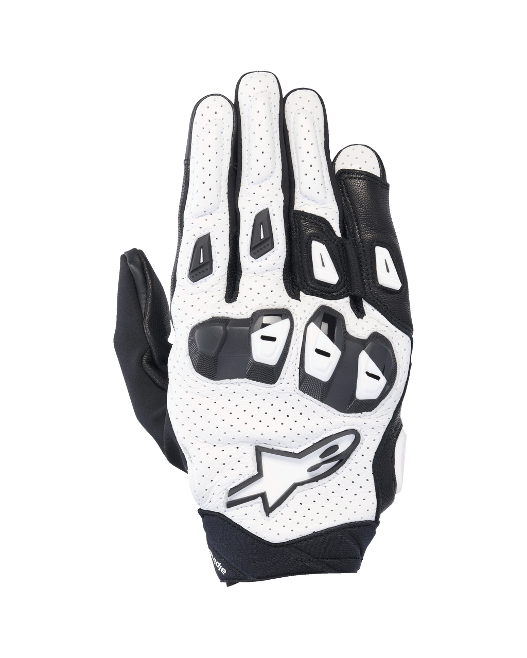Alpinestars SP X 7 Handschuhe, kurze Sport-Motorradhandschuhe, Weiß und Schwarz, perforierte Lederkonstruktion, doppeldichter TPU-Knöchelschutz, weißes Stern-Logo, belüftetes Design für Performance-Fahrten im Sommer