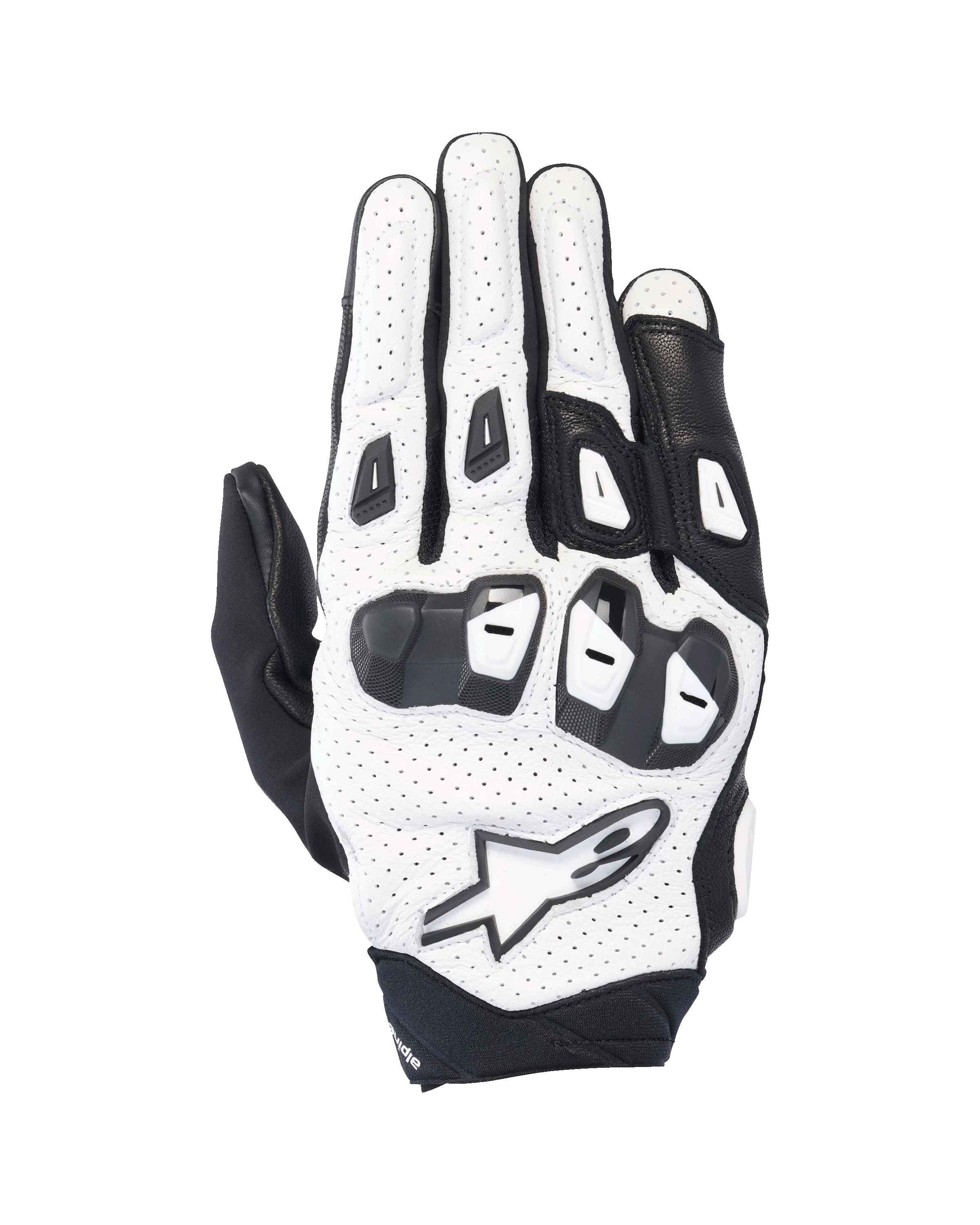 Alpinestars SP X 7 Handschuhe, kurze Sport-Motorradhandschuhe, Weiß und Schwarz, perforierte Lederkonstruktion, doppeldichter TPU-Knöchelschutz, weißes Stern-Logo, belüftetes Design für Performance-Fahrten im Sommer