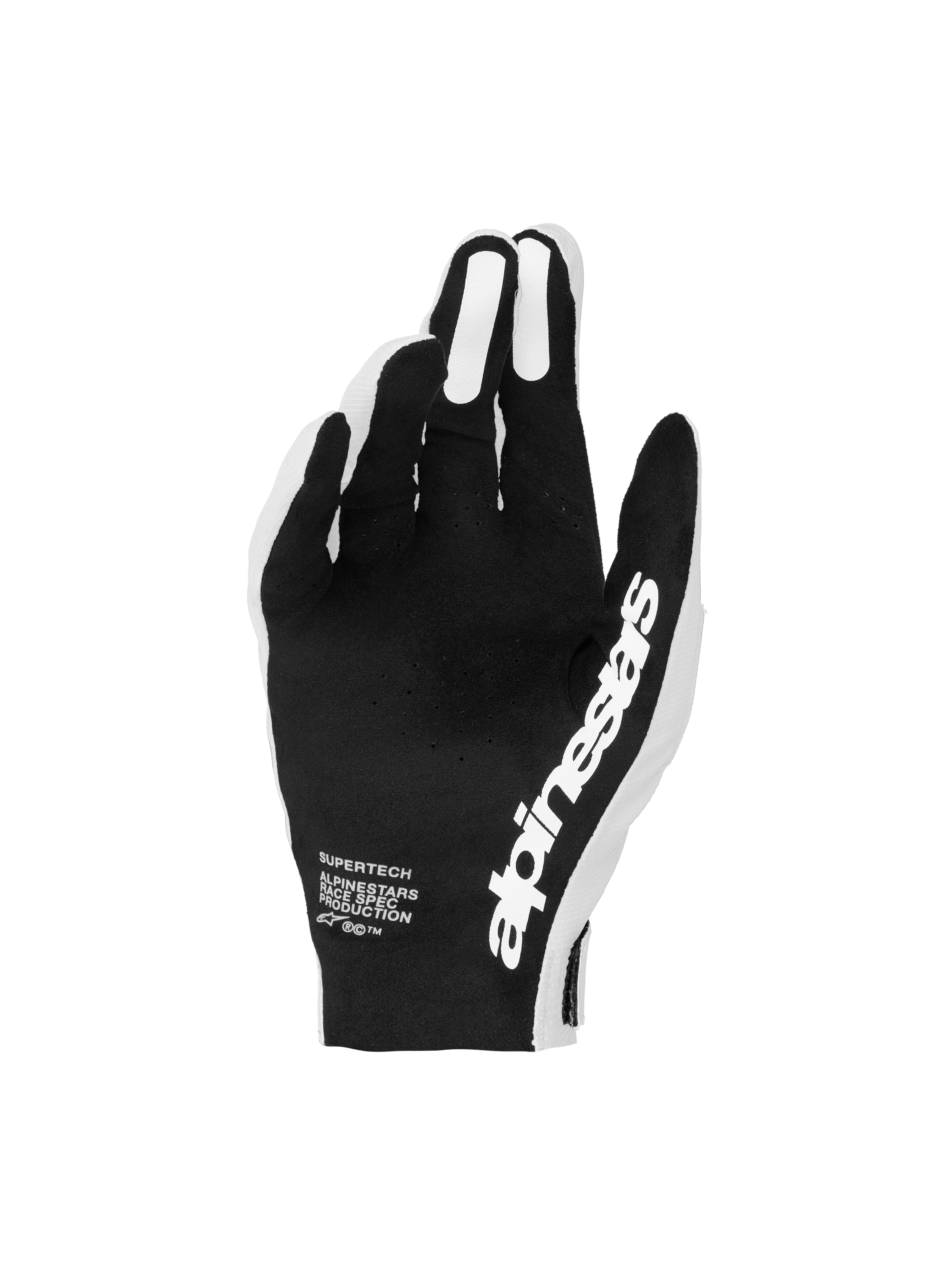 Alpinestars Supertech MX Gloves, Black and White motocross gloves with perforated palms for precise racing control.