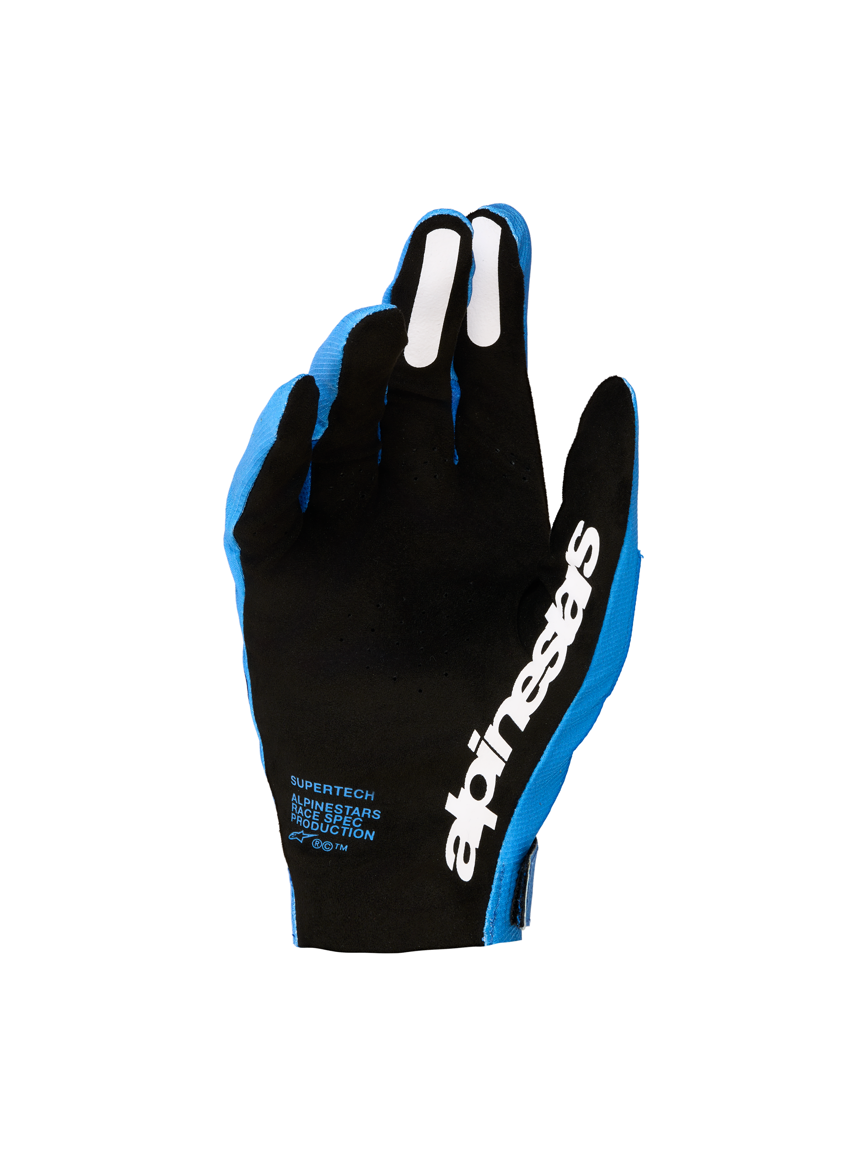 Alpinestars 2027 Supertech MX Gloves, Men's blue and black motocross gloves with perforated palms and white silicone grips.