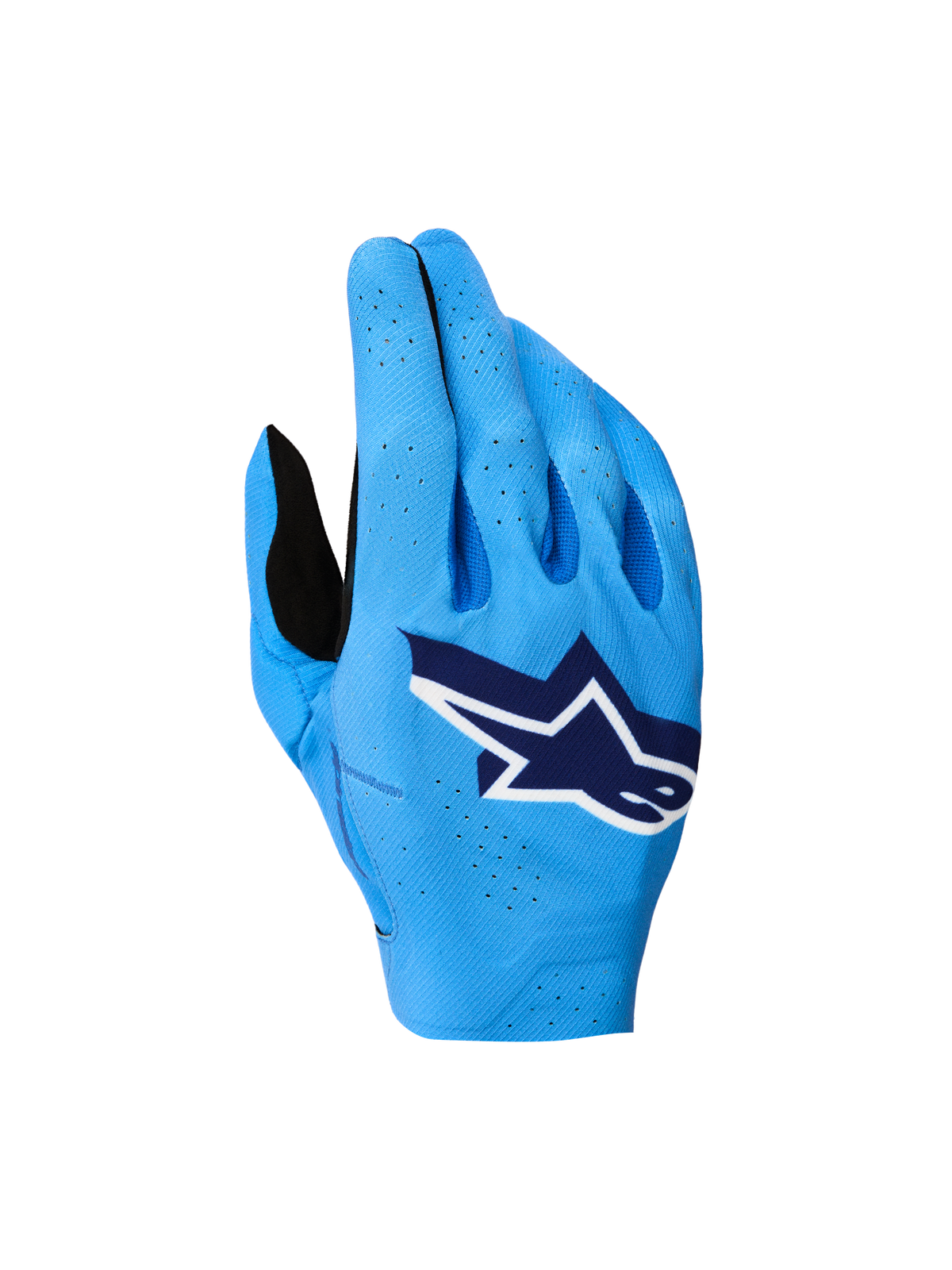 Alpinestars Supertech MX Handschuhe 2027, blaue Motocross-Rennhandschuhe mit atmungsaktiver Stretch-Oberhand und weißem Logo.