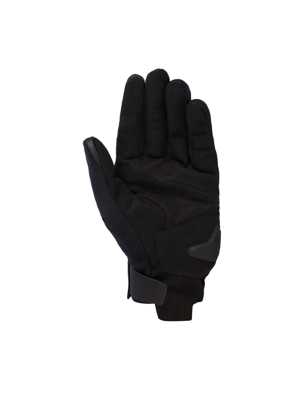 Alpinestars Reef V2 Handschuhe, Schwarz, kurzzugeschnittene Motorradhandschuhe, Handflächenansicht mit synthetischem Wildledermaterial, verstärkter Handflächenpolsterung und Klettverschluss, modernes urbanes Design für den Straßeneinsatz