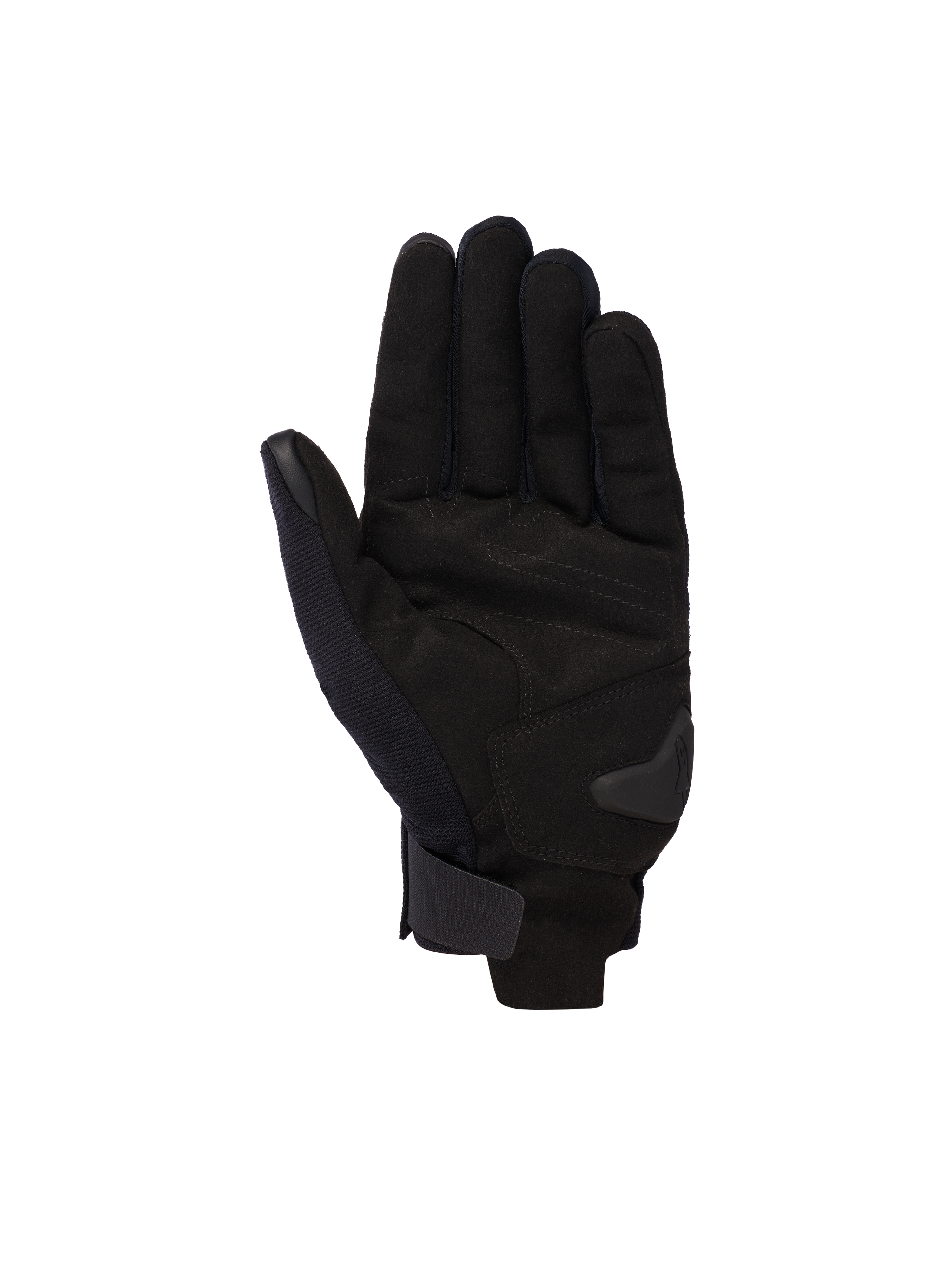 Alpinestars Reef V2 Handschuhe, Schwarz, kurzzugeschnittene Motorradhandschuhe, Handflächenansicht mit synthetischem Wildledermaterial, verstärkter Handflächenpolsterung und Klettverschluss, modernes urbanes Design für den Straßeneinsatz