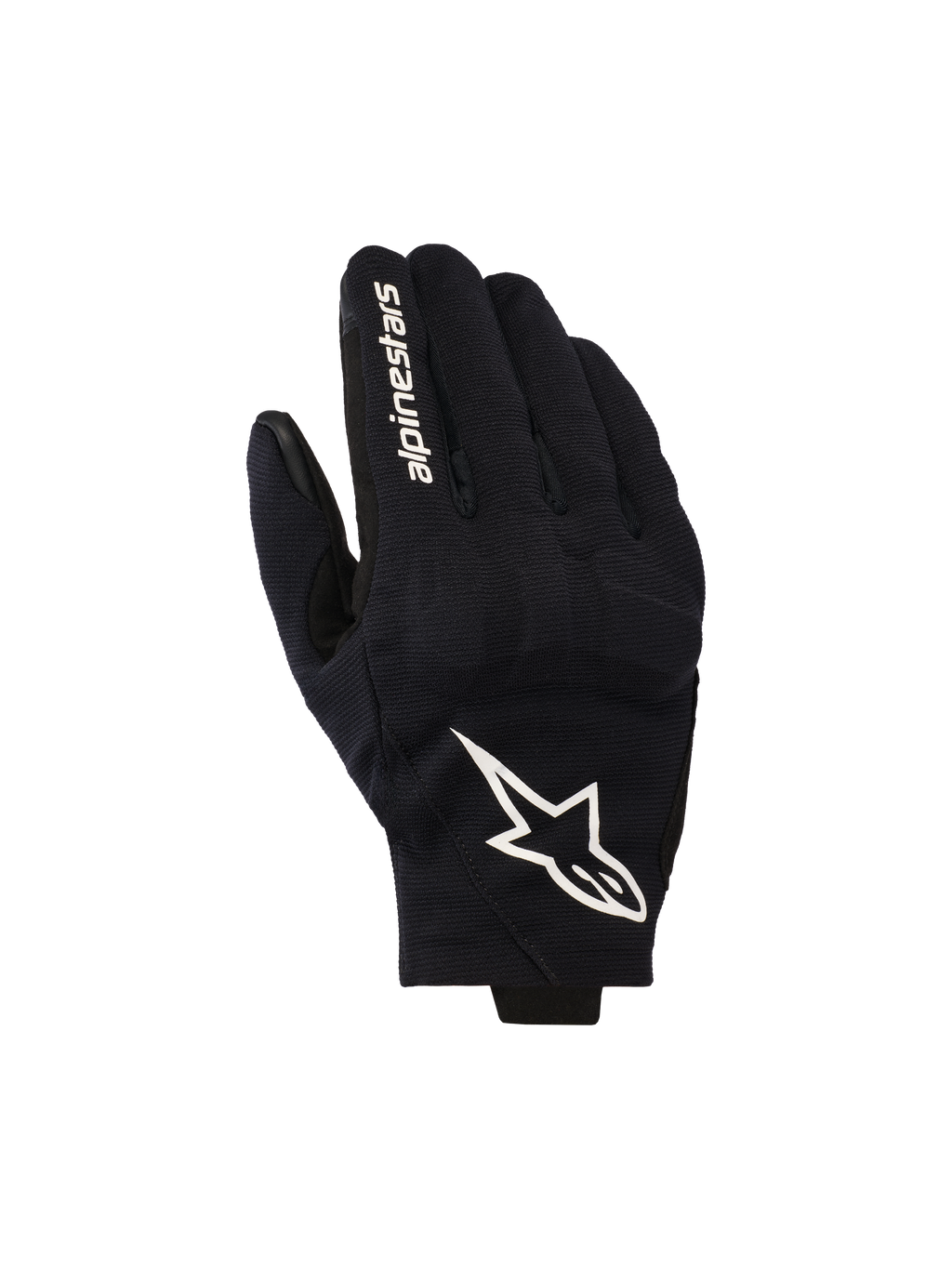 Alpinestars Reef V2 Gloves, Black and White Motorcycle Gloves, featuring a textured stretch fabric top hand with a prominent white star logo and brand lettering on the index finger, short-cuff urban design