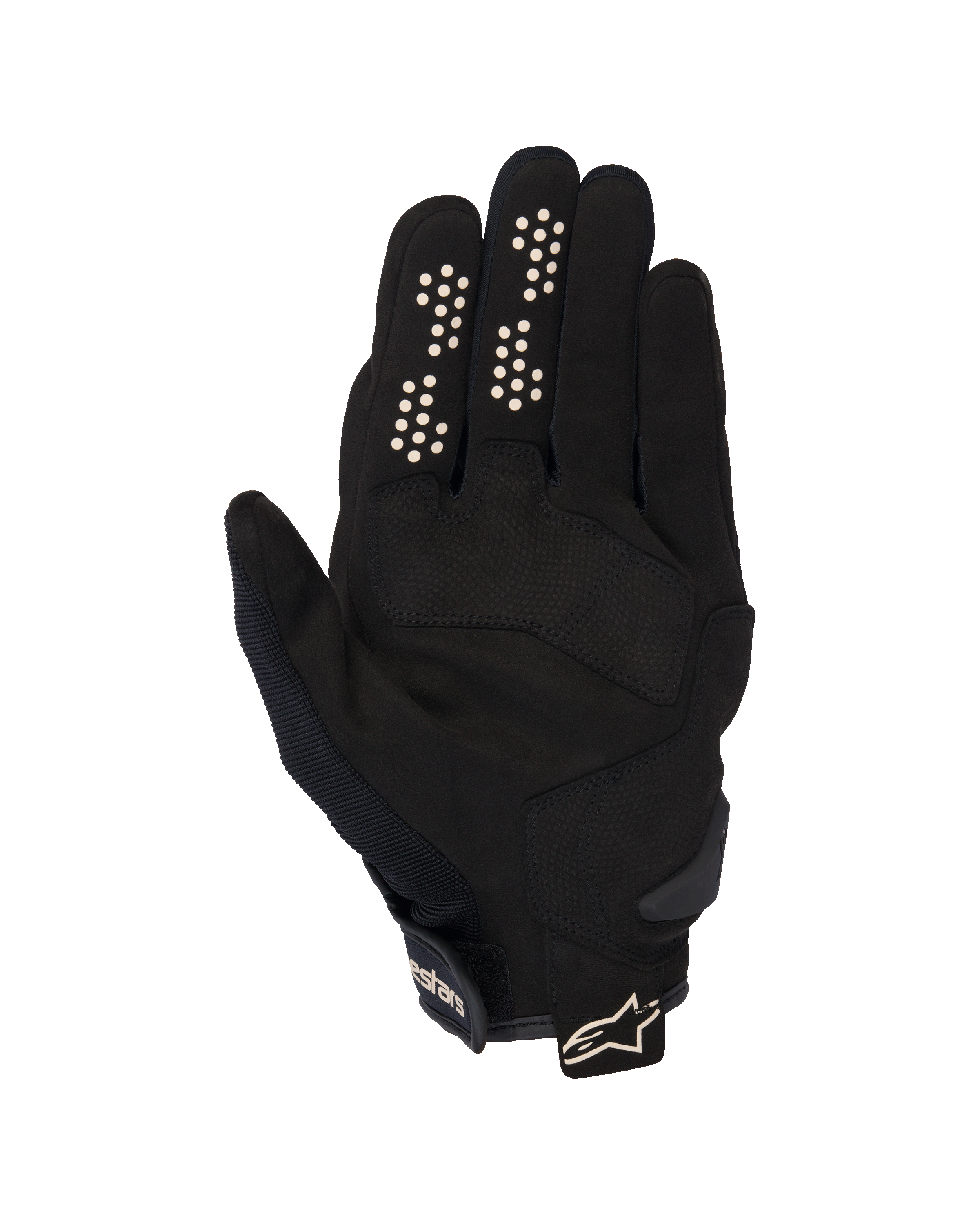 Alpinestars Chrome V2 Gloves, Urban Motorcycle Gloves, Black and Almond, palm side view featuring synthetic suede palm, silicone grip dots on index and middle fingers, and short cuff with adjustable strap and logo.