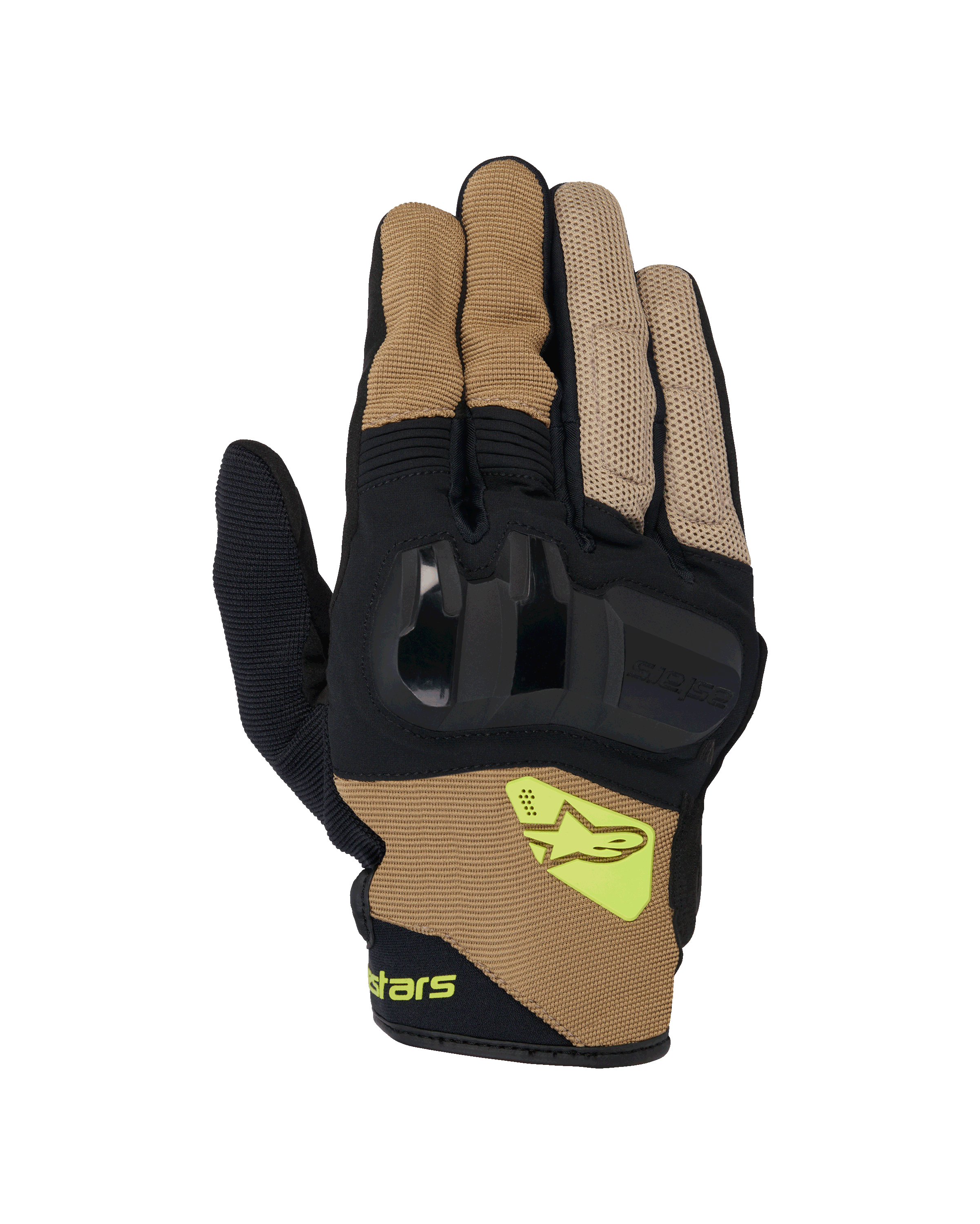 Alpinestars Chrome V2 Handschuhe, Motorradhandschuhe mit kurzer Stulpe, Dunkles Khaki und Schwarz, harter Knöchelschutz, atmungsaktive Mesh-Einsätze, fluoreszierend gelbes Alpinestars-Logo, Urban-Road-Fahrausrüstung