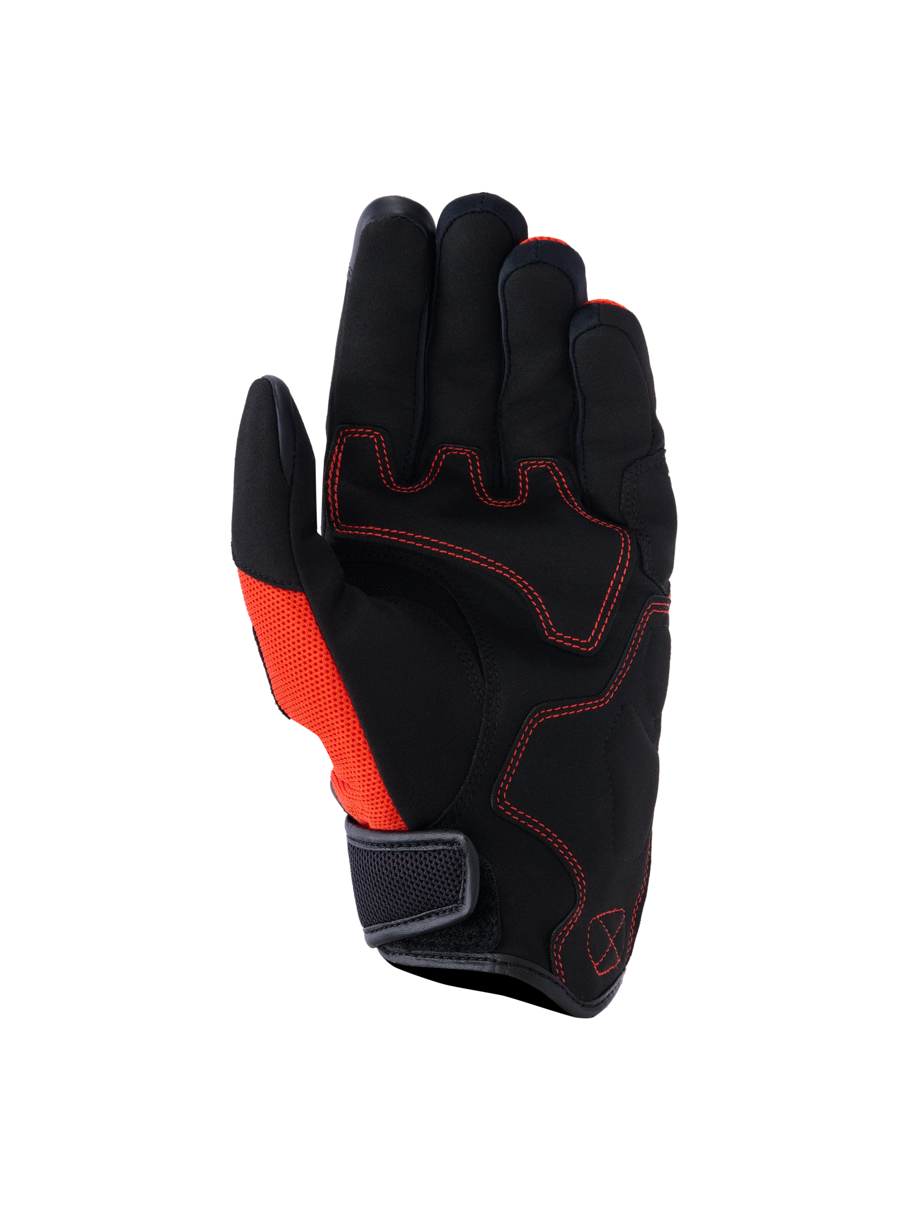 Alpinestars Ignite Gloves, Palm View, Black and Red Tangerine, synthetic suede palm with red contrast stitching, mesh side panel, short cuff with hook-and-loop strap, urban motorcycle commuting gear