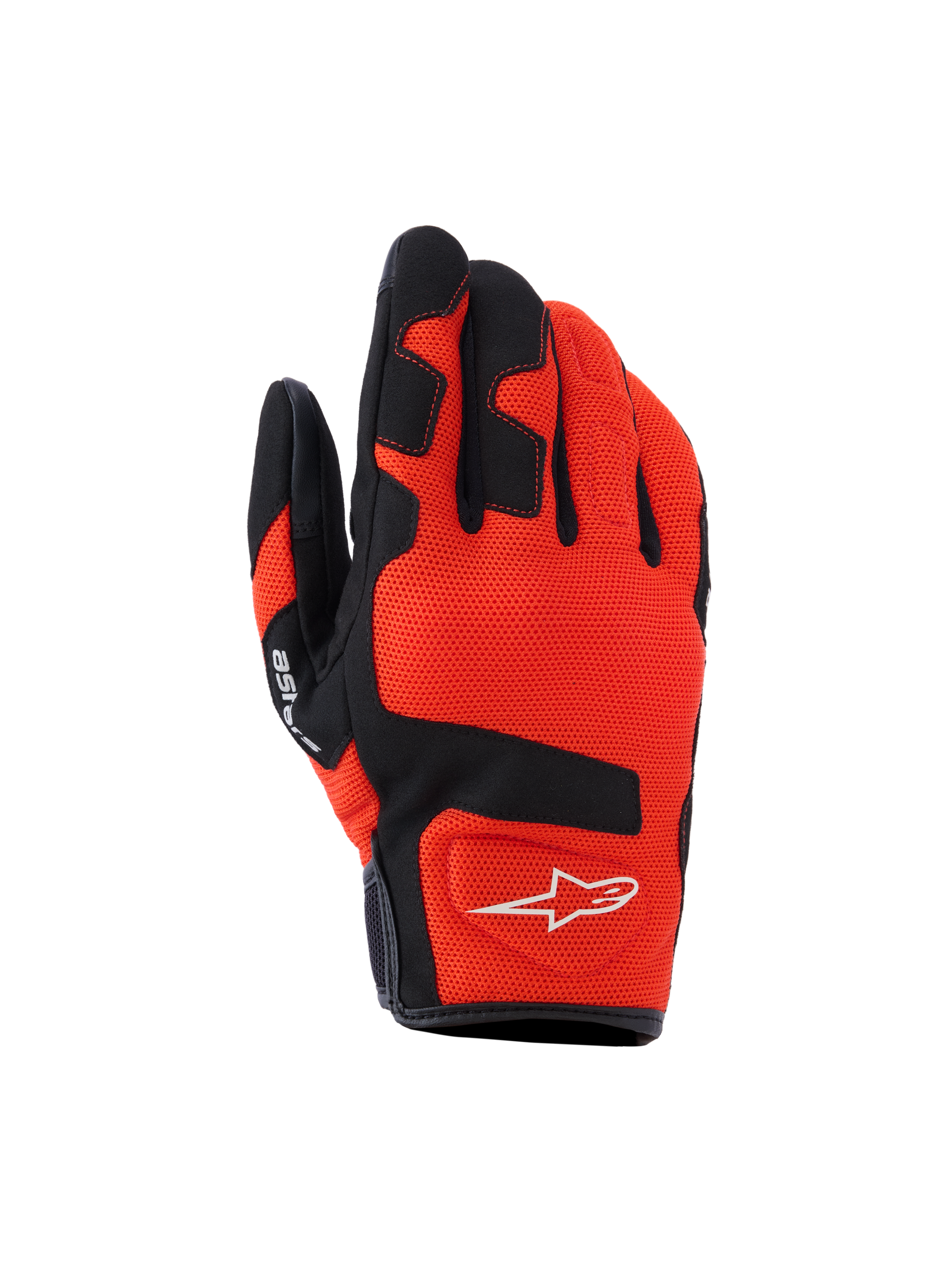 Alpinestars Ignite Gloves, Motorcycle Gloves, Red Tangerine and Black, breathable mesh textile, black reinforcements on fingers and knuckles, white star logo, short cuff design