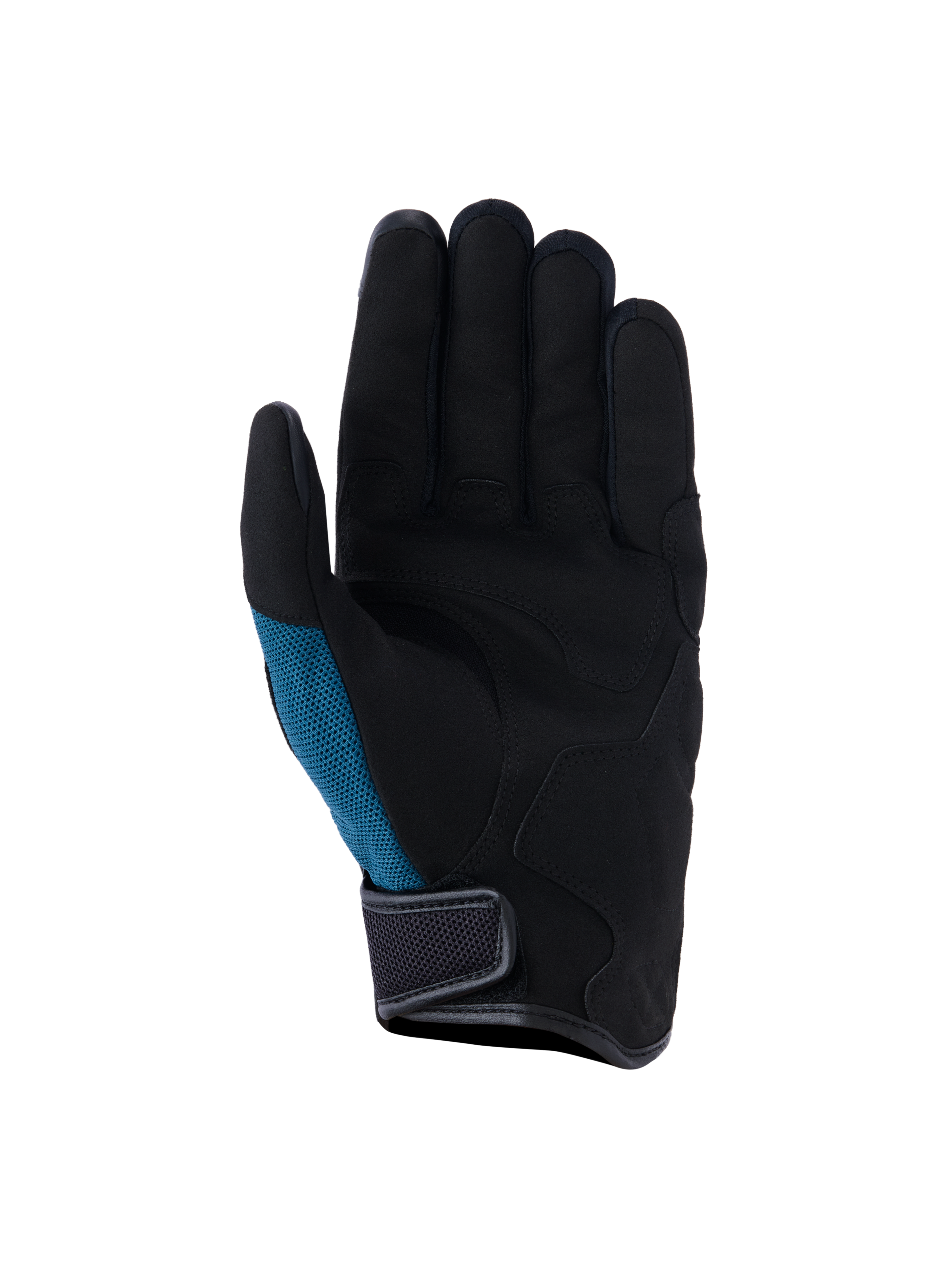 Alpinestars Ignite Gloves, Urban Motorcycle Gloves, Indigo Blue and Black, palm view featuring synthetic suede with strategic padding, teal mesh side panel, and short-cuff design with hook-and-loop closure