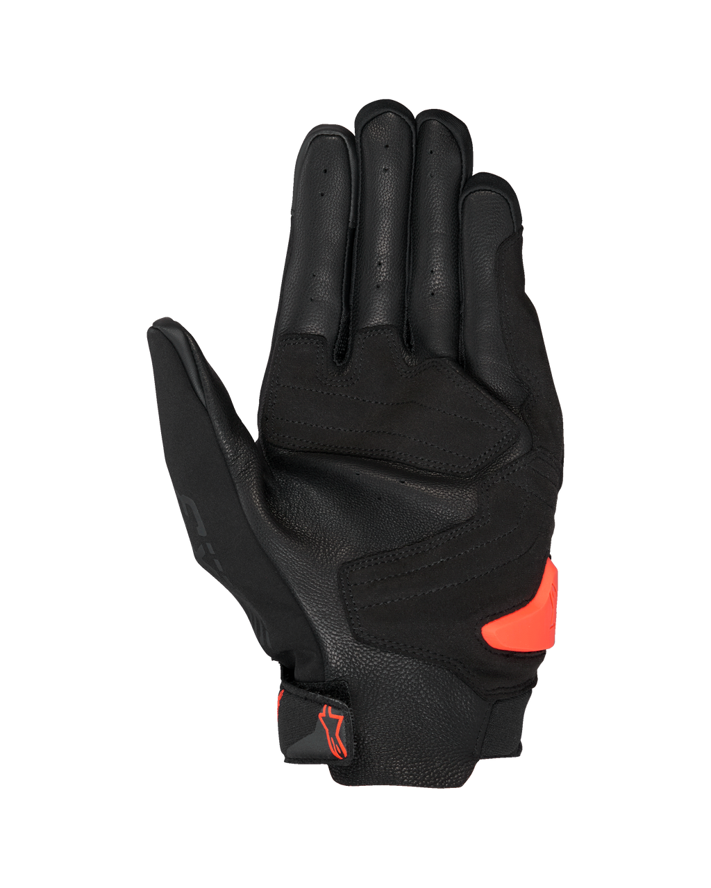 Alpinestars SP X 3 Handschuhe, Schwarz und Rot Fluo, Handflächenansicht mit perforiertem Leder, synthetischen Verstärkungen und einem leuchtend orangefarbenen TPR-Handflächen-Slider, Renn- und Sport-Motorradausrüstung